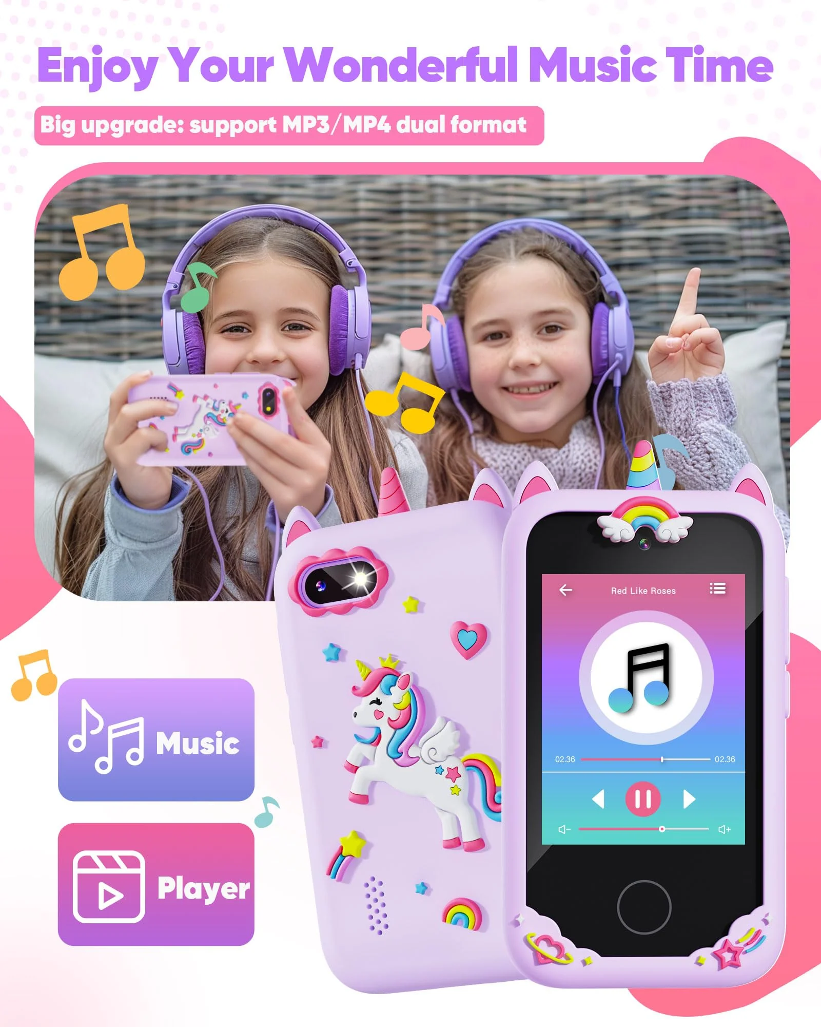 Fiechcco Gifts for Girls Age 6-8 Smart Phone Easter Christmas Stocking Stuffers for Kids Toy for Teenage 3 4 5 7 9 6 8 Year Old Birthday Gift Ideas with 8G SD Card (Purple) - Image 2