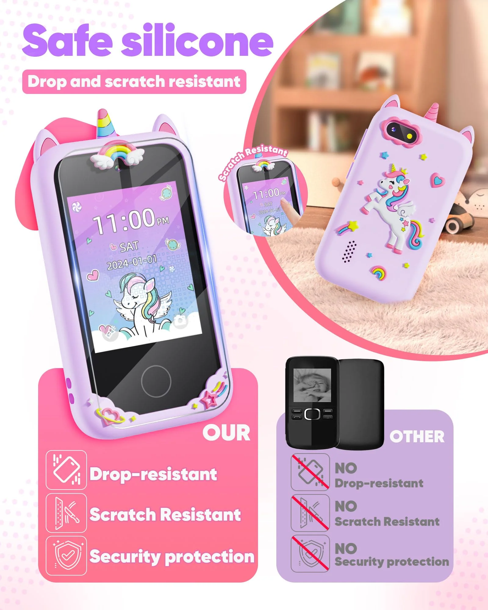Fiechcco Gifts for Girls Age 6-8 Smart Phone Easter Christmas Stocking Stuffers for Kids Toy for Teenage 3 4 5 7 9 6 8 Year Old Birthday Gift Ideas with 8G SD Card (Purple) - Image 3