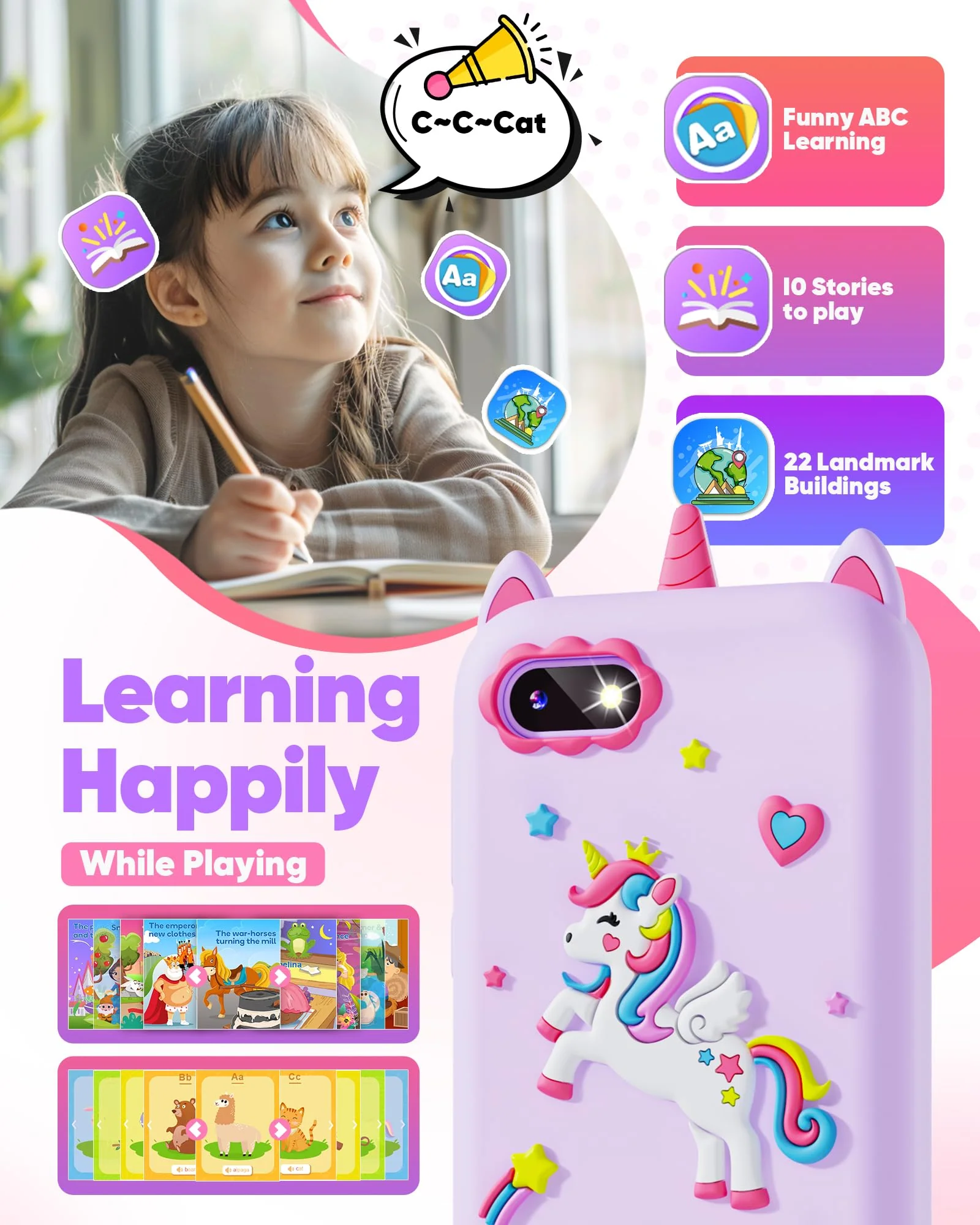 Fiechcco Gifts for Girls Age 6-8 Smart Phone Easter Christmas Stocking Stuffers for Kids Toy for Teenage 3 4 5 7 9 6 8 Year Old Birthday Gift Ideas with 8G SD Card (Purple) - Image 4