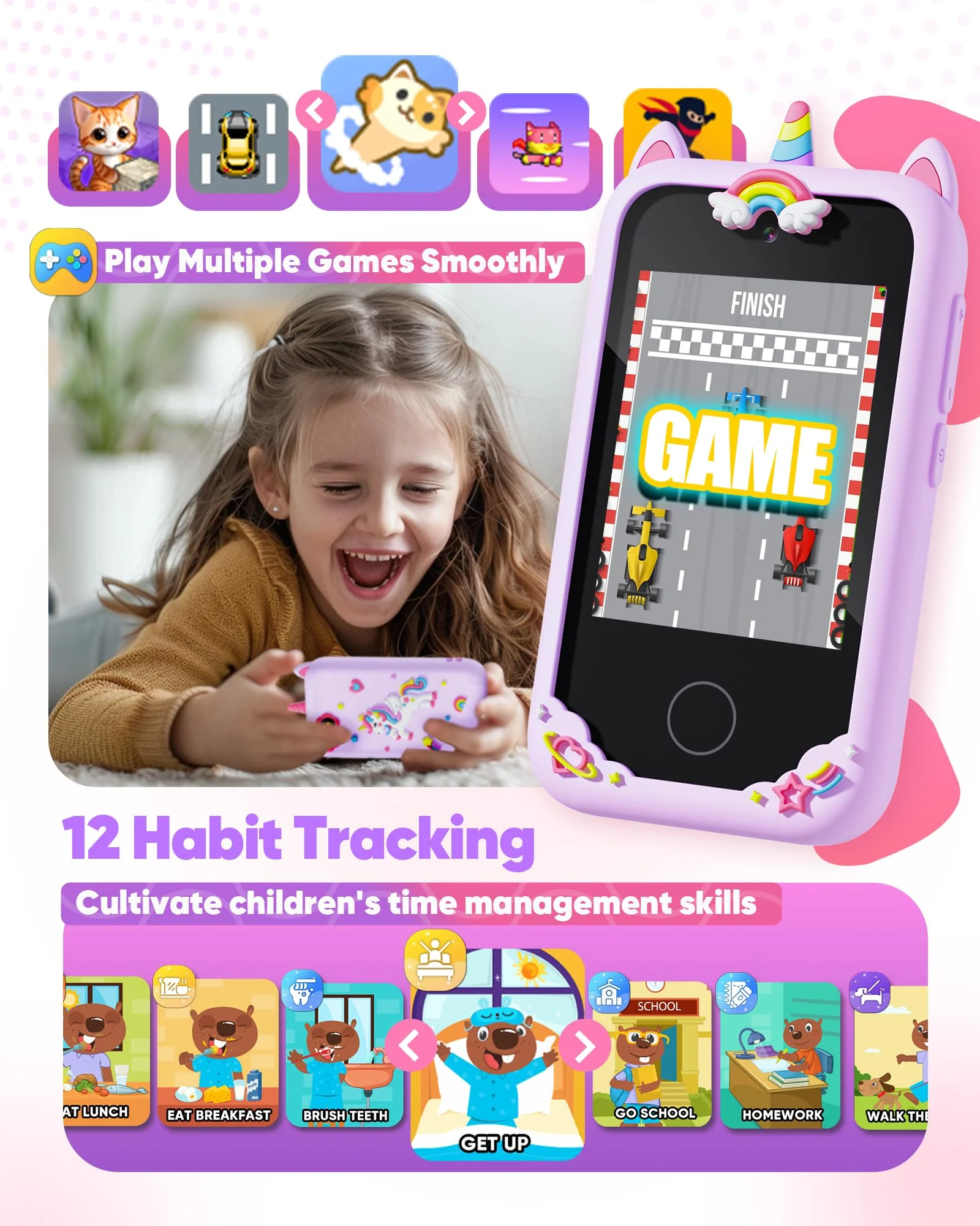 Fiechcco Gifts for Girls Age 6-8 Smart Phone Easter Christmas Stocking Stuffers for Kids Toy for Teenage 3 4 5 7 9 6 8 Year Old Birthday Gift Ideas with 8G SD Card (Purple) - Image 5
