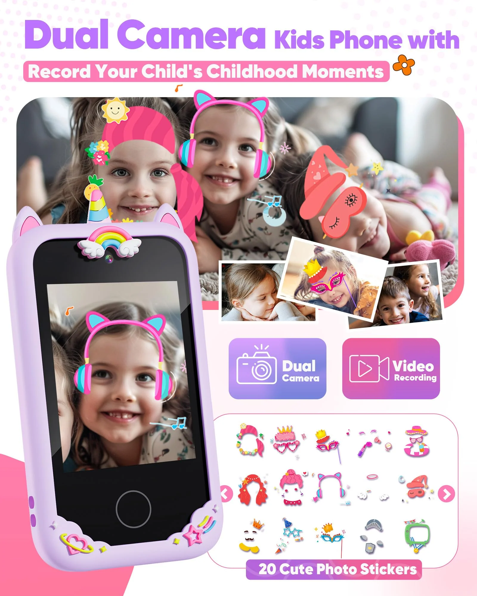 Fiechcco Gifts for Girls Age 6-8 Smart Phone Easter Christmas Stocking Stuffers for Kids Toy for Teenage 3 4 5 7 9 6 8 Year Old Birthday Gift Ideas with 8G SD Card (Purple) - Image 6