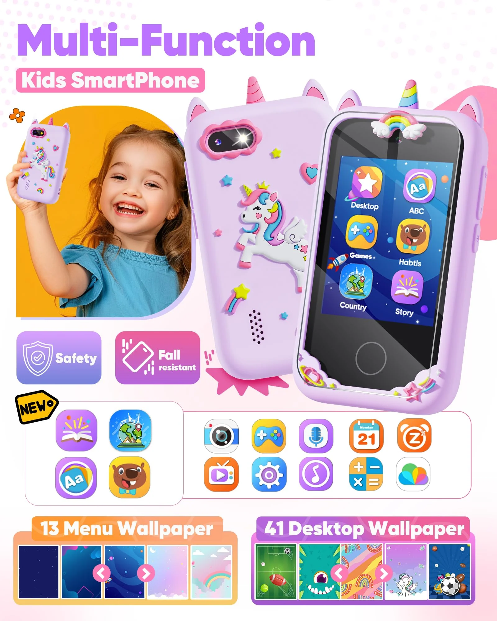 Fiechcco Gifts for Girls Age 6-8 Smart Phone Easter Christmas Stocking Stuffers for Kids Toy for Teenage 3 4 5 7 9 6 8 Year Old Birthday Gift Ideas with 8G SD Card (Purple) - Image 7