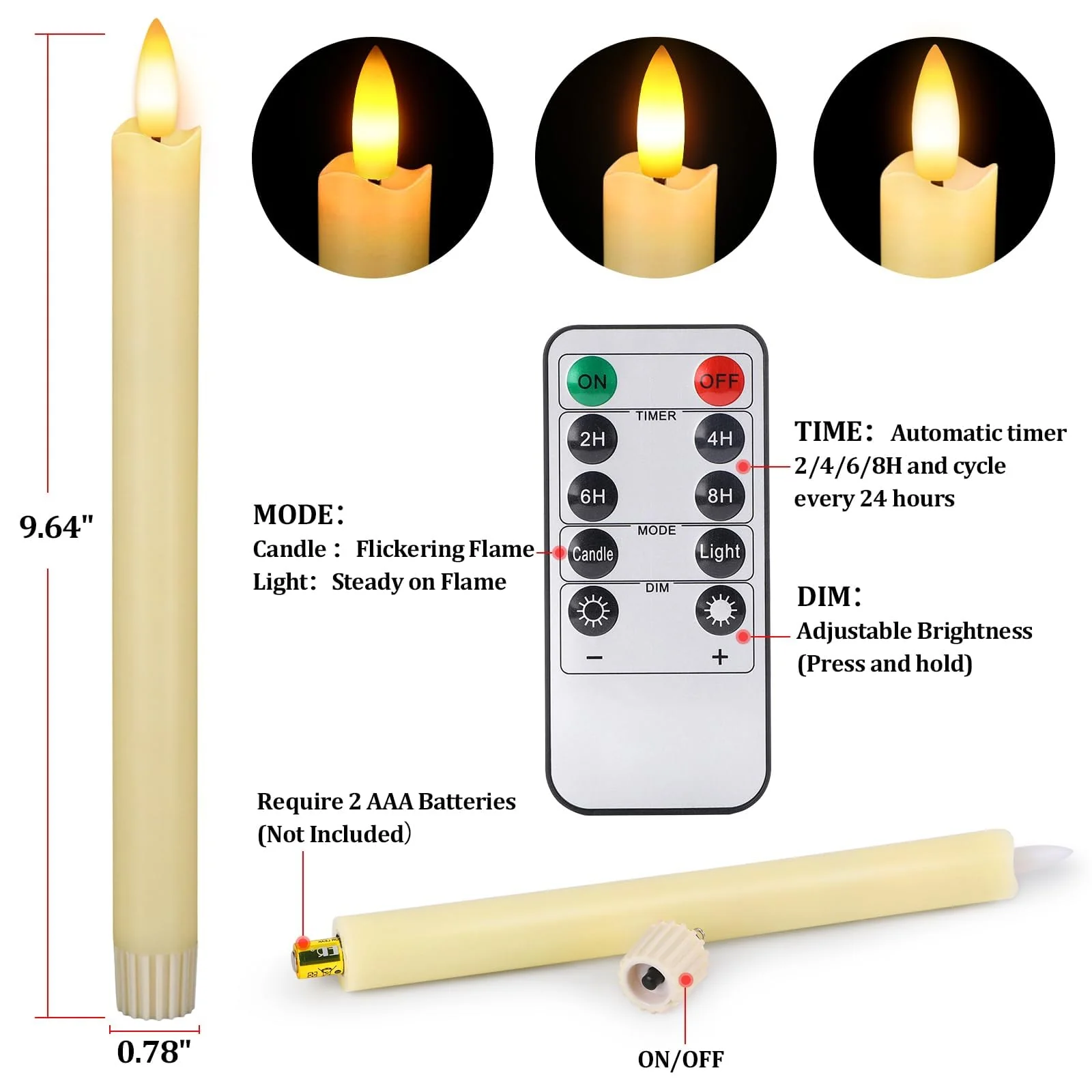 Flameless Candles with Remote: 8 Pack Battery Operated Window Candles 9.6" Real Wax LED Flickering Flameless Taper Candles 3D Wick Lights Halloween Christmas Wedding Birthday Party Decorations (Ivory) - Image 2