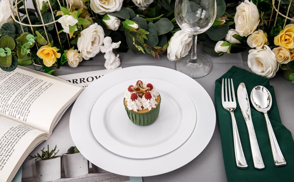 FLOWERCAT 60PCS White Plastic Plates - Heavy Duty White Disposable Plates for Christmas/Thanksgiving Party/Wedding -serve for 30 guests Include 30PCS 10.25" & 30PCS 7.5" Plates for Party - Image 2