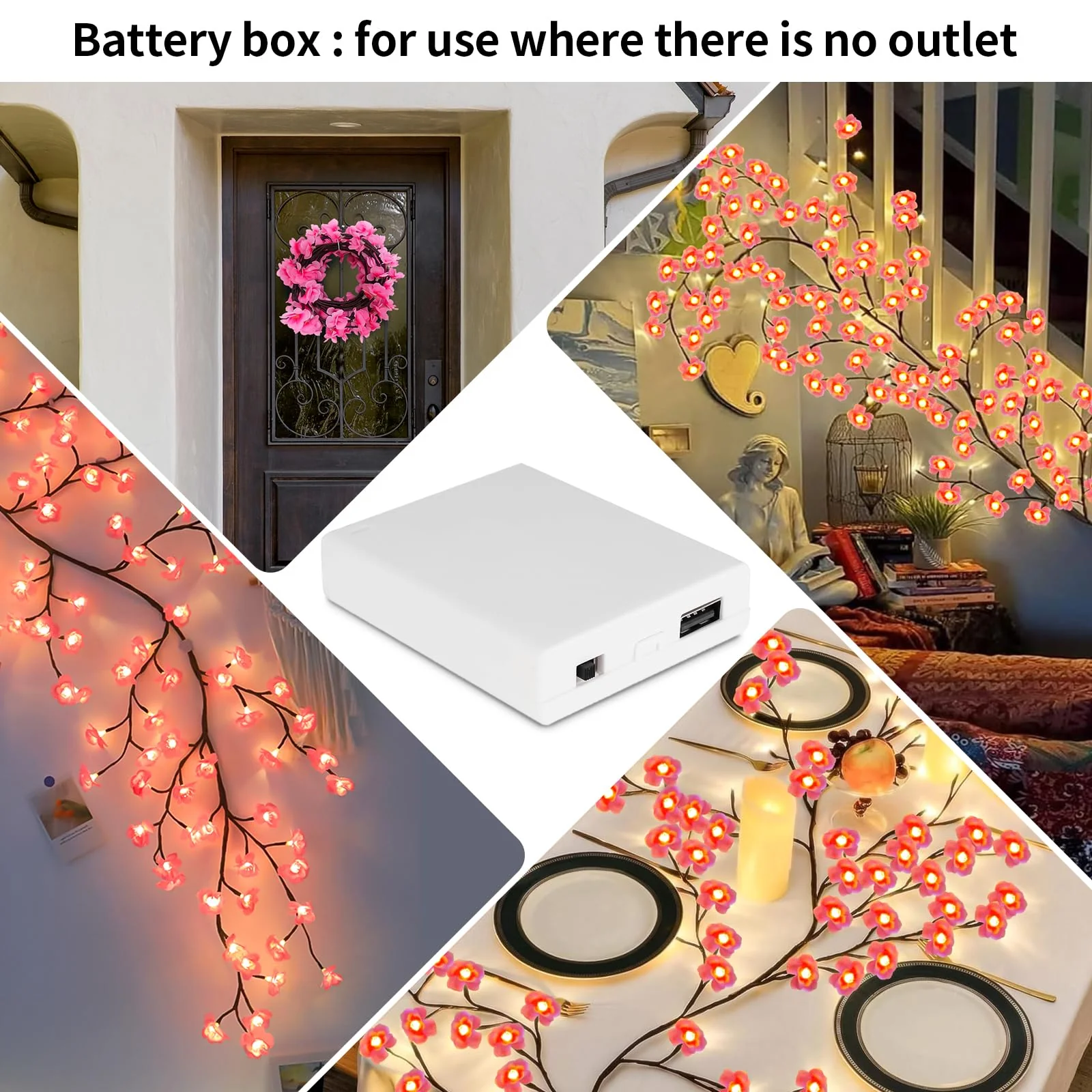 FNHMSL Cherry Enchanted Willow Vine Lights, 4FT 48LED Pink Cherry Blossom Tree Branch Lights for Wall, Remote Timer,8 Light Model,Bedroom Wall Doors Wedding, Christmas, USB Battery Box - Image 3