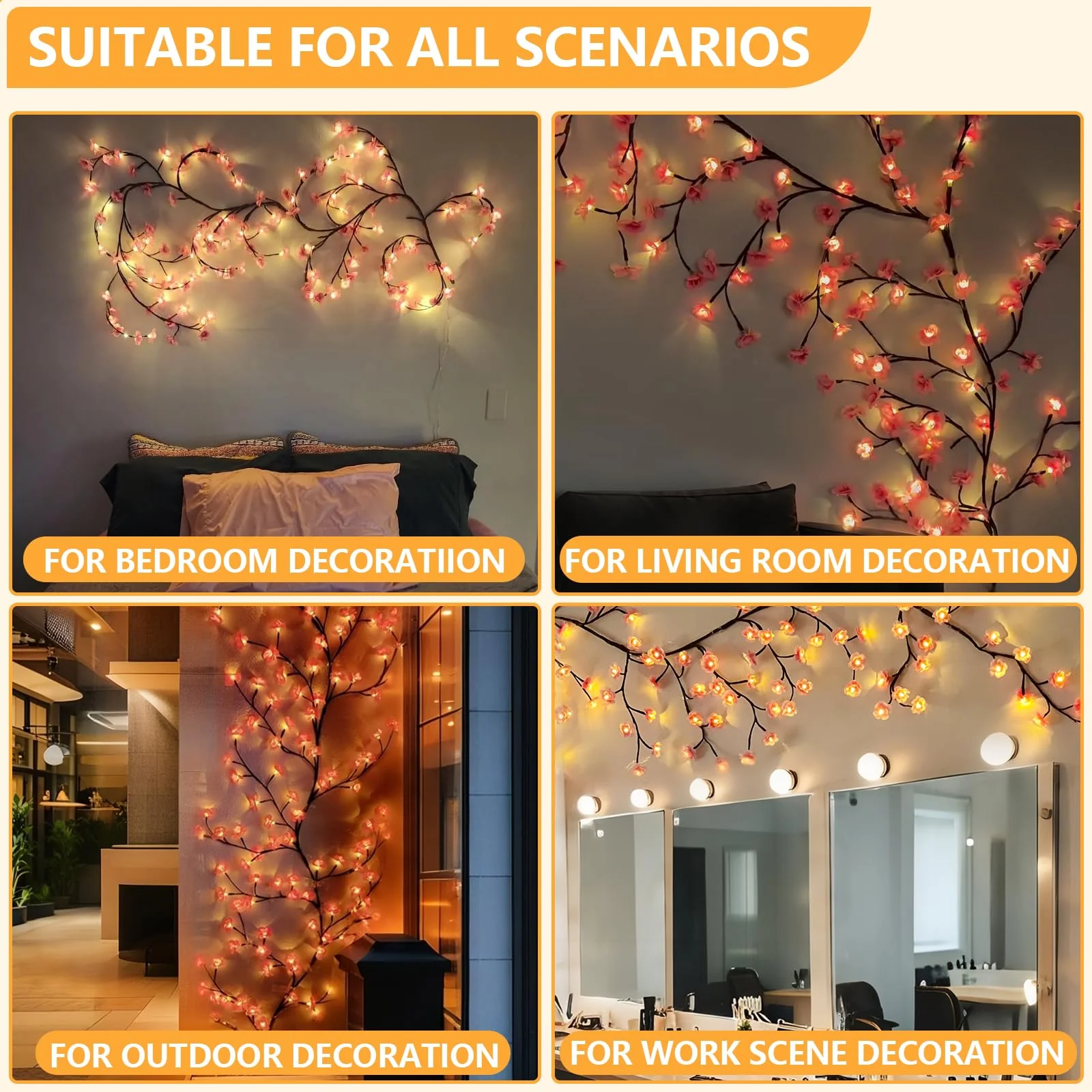 FNHMSL Cherry Enchanted Willow Vine Lights, 4FT 48LED Pink Cherry Blossom Tree Branch Lights for Wall, Remote Timer,8 Light Model,Bedroom Wall Doors Wedding, Christmas, USB Battery Box - Image 4