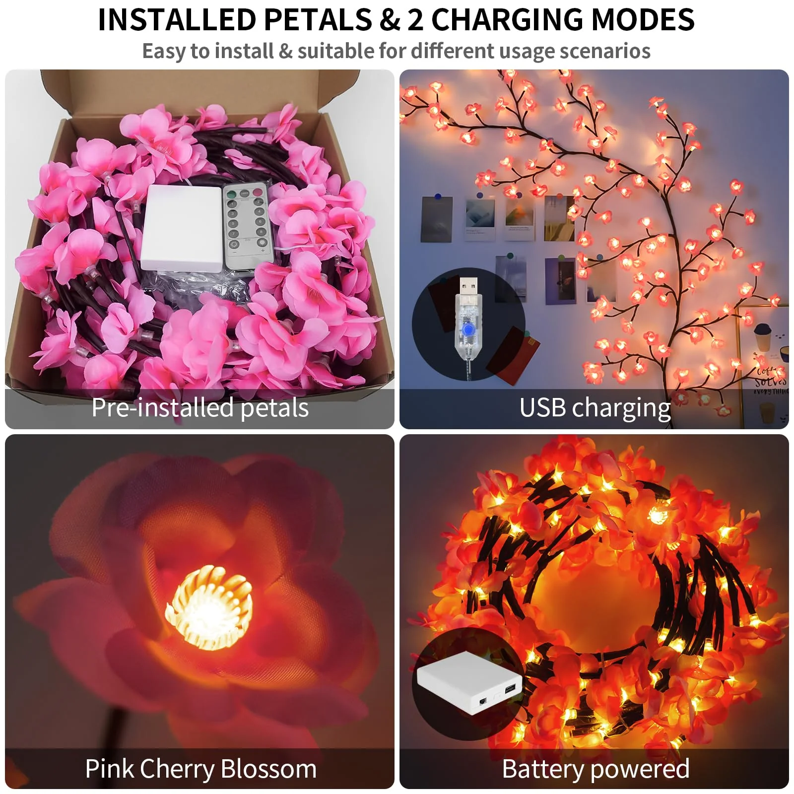 FNHMSL Cherry Enchanted Willow Vine Lights, 4FT 48LED Pink Cherry Blossom Tree Branch Lights for Wall, Remote Timer,8 Light Model,Bedroom Wall Doors Wedding, Christmas, USB Battery Box - Image 6