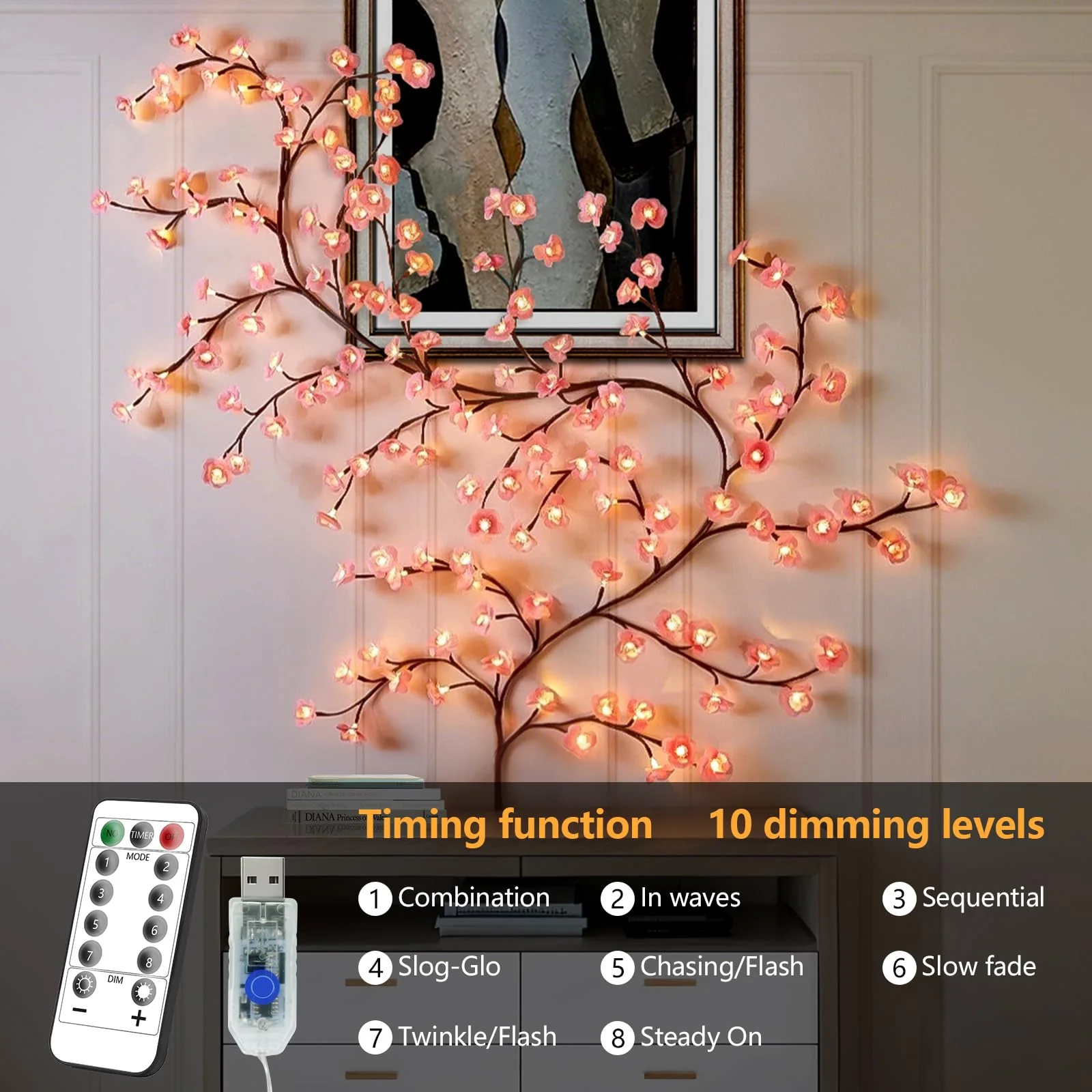 FNHMSL Cherry Enchanted Willow Vine Lights, 4FT 48LED Pink Cherry Blossom Tree Branch Lights for Wall, Remote Timer,8 Light Model,Bedroom Wall Doors Wedding, Christmas, USB Battery Box - Image 7
