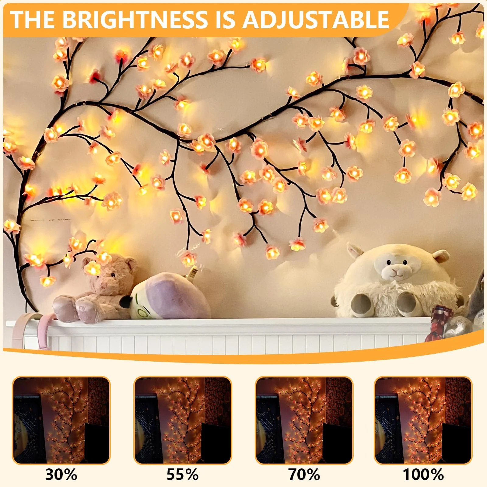 FNHMSL Cherry Enchanted Willow Vine Lights, 4FT 48LED Pink Cherry Blossom Tree Branch Lights for Wall, Remote Timer,8 Light Model,Bedroom Wall Doors Wedding, Christmas, USB Battery Box - Image 8