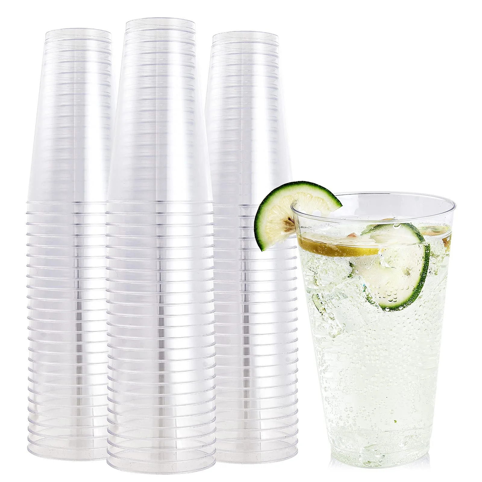 FOCUSLINE 100 Pack 16 oz Clear Plastic Cups, Disposable Cups Large Reusable Plastic Tumblers, Heavy-duty Clear Hard Cups 16 Ounce for Wedding Party, Thanksgiving, Halloween, Christmas