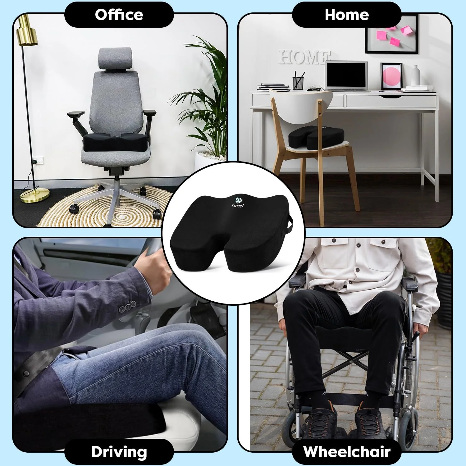 FOMI Extra Thick Firm Coccyx Orthopedic Memory Foam Seat Cushion | Black Large Cushion for Car or Truck Seat, Office Chair, Wheelchair | Back Pain Relief (Black) - Image 7