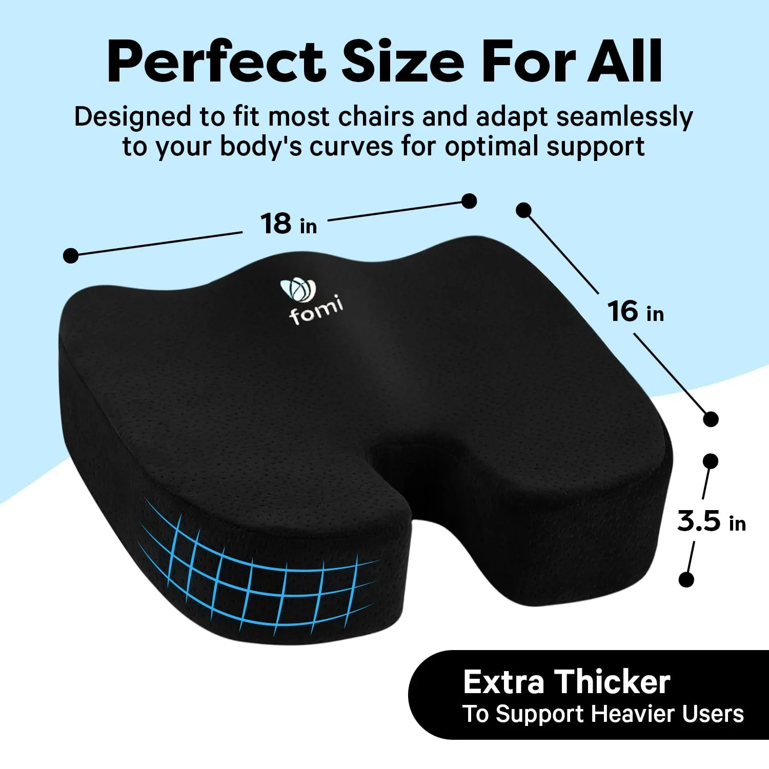 FOMI Extra Thick Firm Coccyx Orthopedic Memory Foam Seat Cushion | Black Large Cushion for Car or Truck Seat, Office Chair, Wheelchair | Back Pain Relief (Black) - Image 9