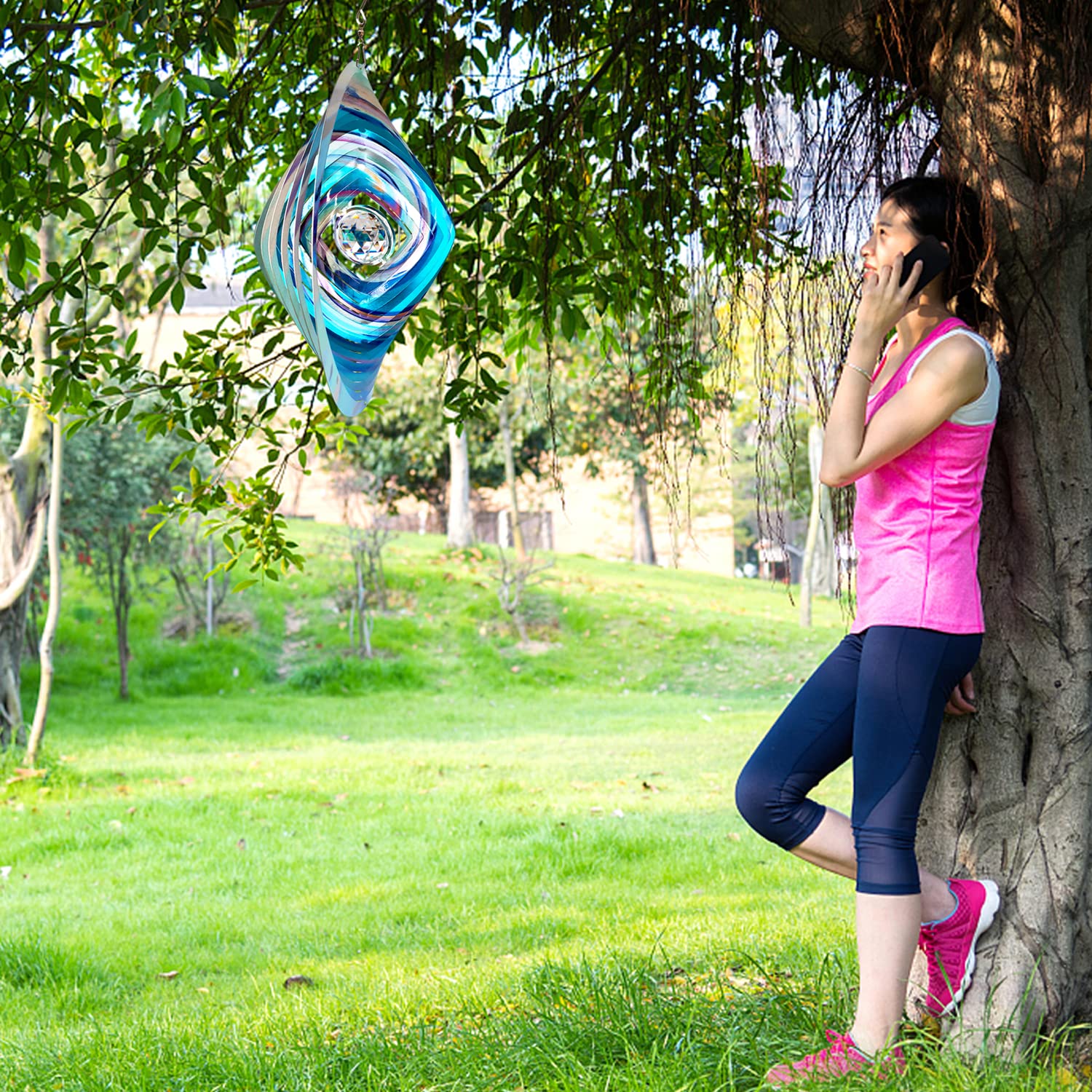 FONMY Mandala Wind Spinner w/Crystal Ball 3D Stainless Steel Hanging Wind Spinner Worth Gift Christmas Decoration Indoor/Outdoor Garden Décor Kinetic Yard Art 12 Inches Multi Blue Wind Sculpture - Image 5
