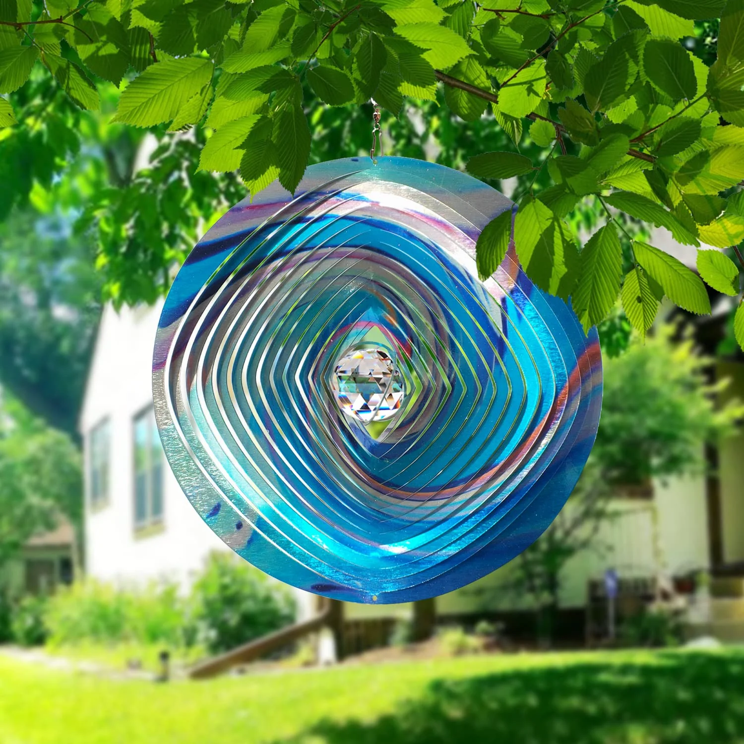 FONMY Mandala Wind Spinner w/Crystal Ball 3D Stainless Steel Hanging Wind Spinner Worth Gift Christmas Decoration Indoor/Outdoor Garden Décor Kinetic Yard Art 12 Inches Multi Blue Wind Sculpture - Image 7