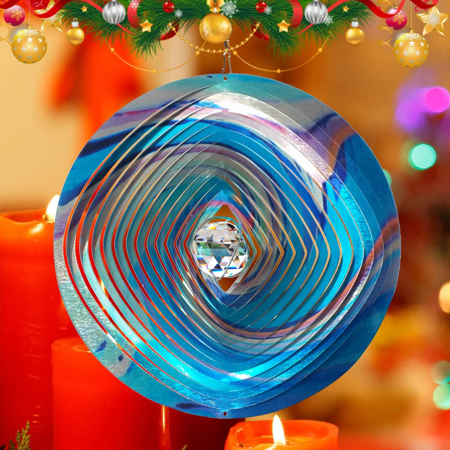 FONMY Mandala Wind Spinner w/Crystal Ball 3D Stainless Steel Hanging Wind Spinner Worth Gift Christmas Decoration Indoor/Outdoor Garden Décor Kinetic Yard Art 12 Inches Multi Blue Wind Sculpture - Image 9