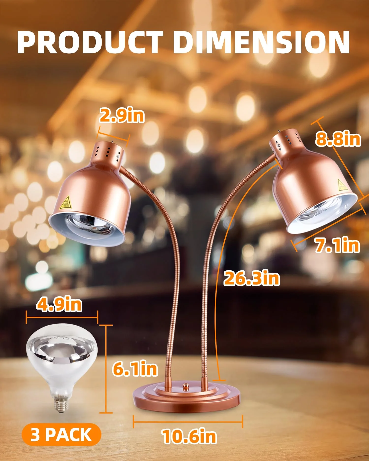 Food Heat Lamp: [Rapid-Heating Bulbs Included] [Steady Heating] Commercial Food Warmer Lamp, Electric Heat Lamp for Food Catering Food Warming Lamp for Buffet Parties (Painted Copper, 32" (2-Head)) - Image 2