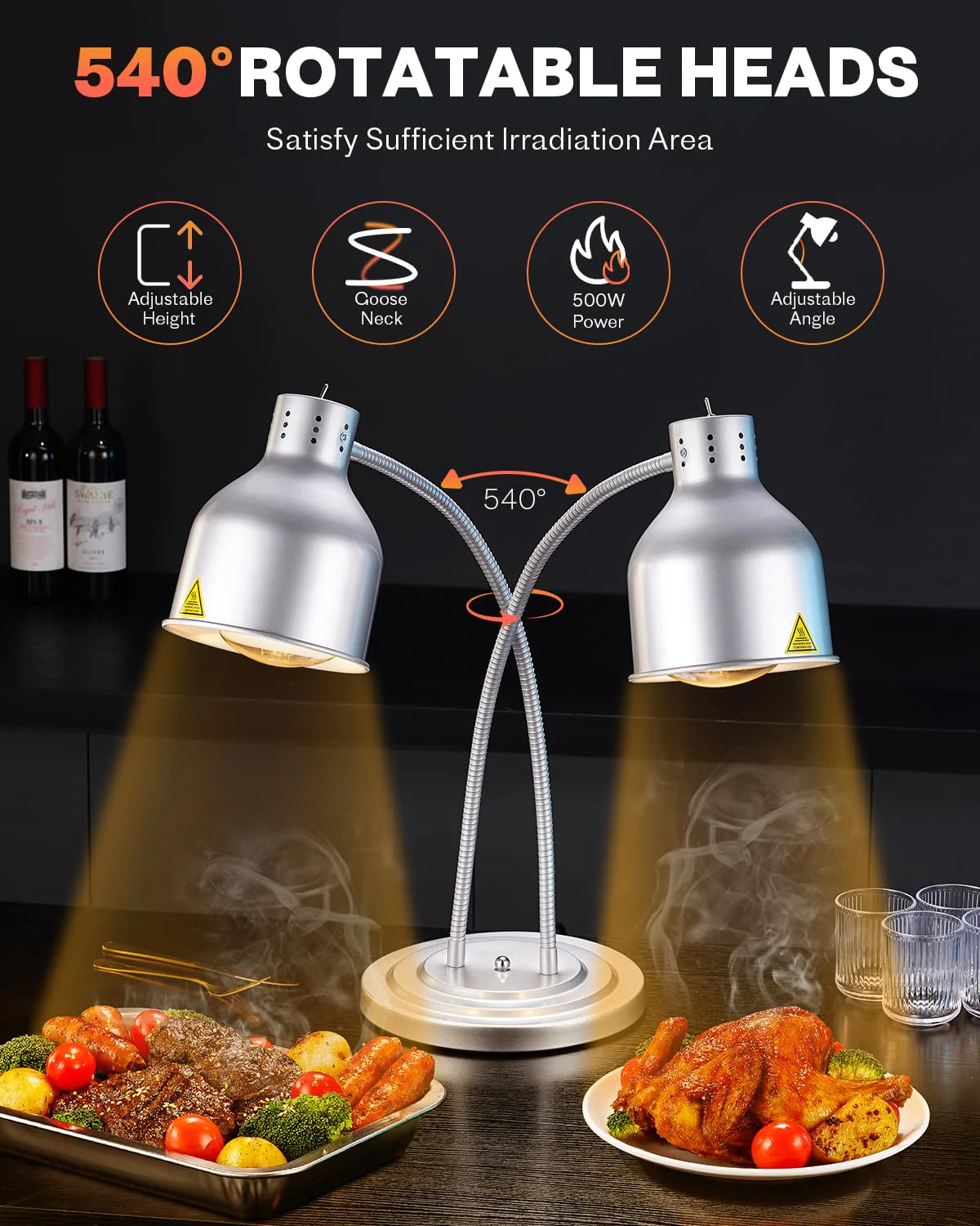 Food Heat Lamp: [Rapid-Heating Bulbs Included] [Steady Heating] Commercial Food Warmer Lamp, Electric Heat Lamp for Food Catering Food Warming Lamp for Buffet Parties (Painted Silver, 32" (2-Head)) - Image 6