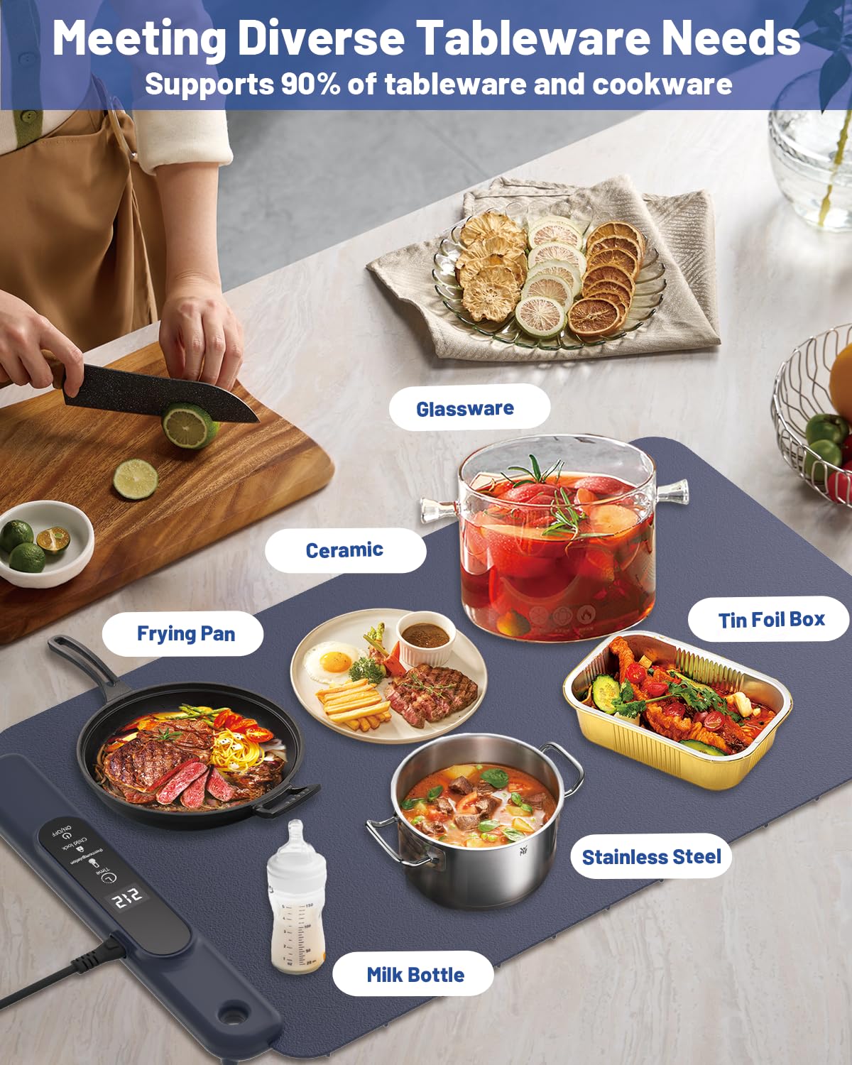 Food Warming Mat Electric Tray: YTLAD Silicone Heating Pad with 6 Level Adjustable Temperature and 5 Hours Timer & Family Lock, Foldable Food Warmers for Parties, Daily Use (Blue, 25.6" x 15.55") - Image 5