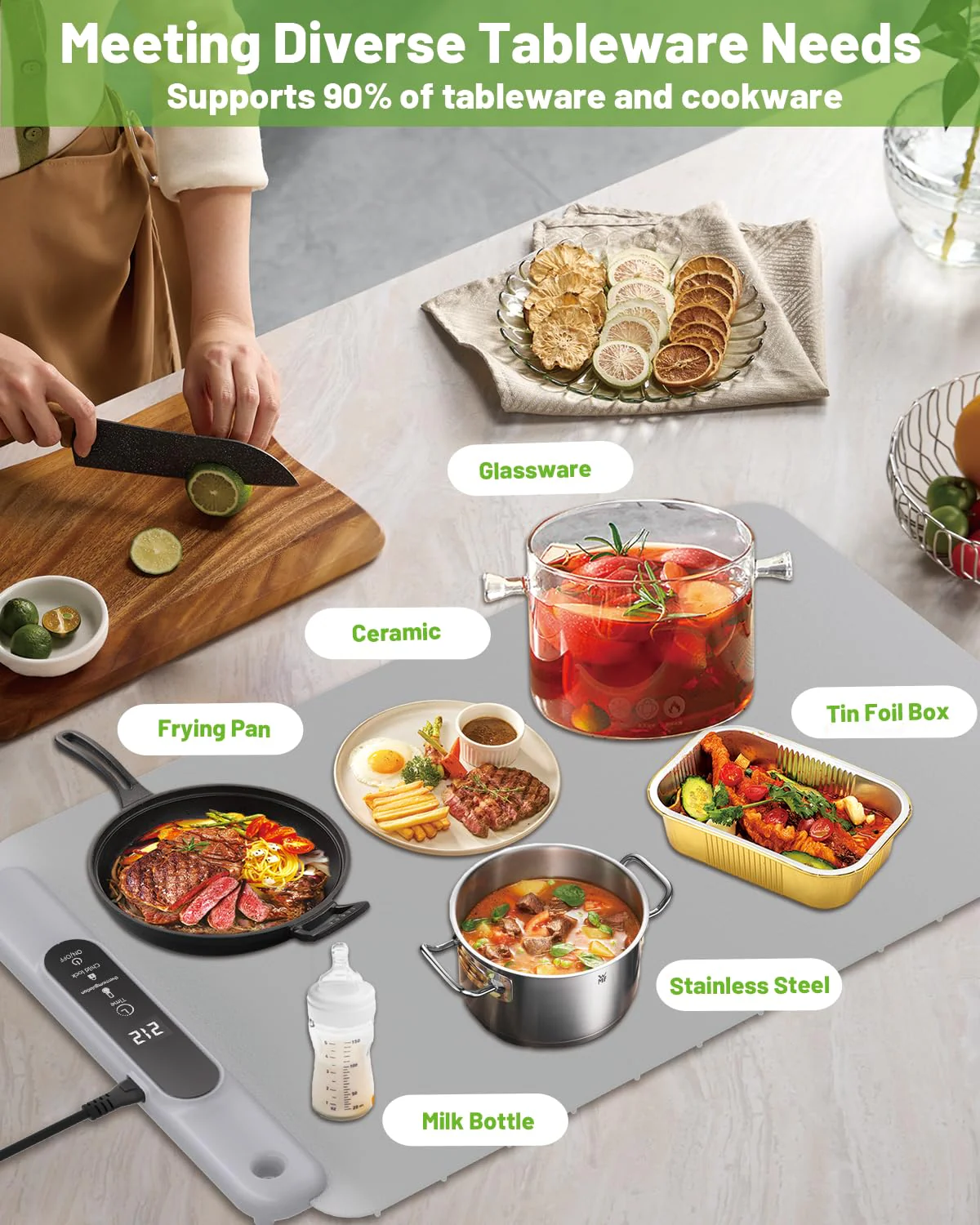 Food Warming Mat Electric Tray: YTLAD Silicone Heating Pad with 6 Level Adjustable Temperature and 5 Hours Timer & Family Lock, Foldable Food Warmers for Parties, Daily Use (Grey, 25.6" x 15.55") - Image 5