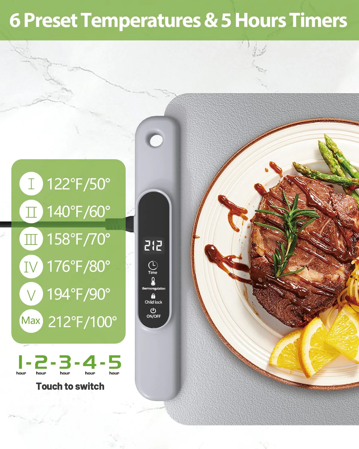 Food Warming Mat Electric Tray: YTLAD Silicone Heating Pad with 6 Level Adjustable Temperature and 5 Hours Timer & Family Lock, Foldable Food Warmers for Parties, Daily Use (Grey, 25.6" x 15.55") - Image 8