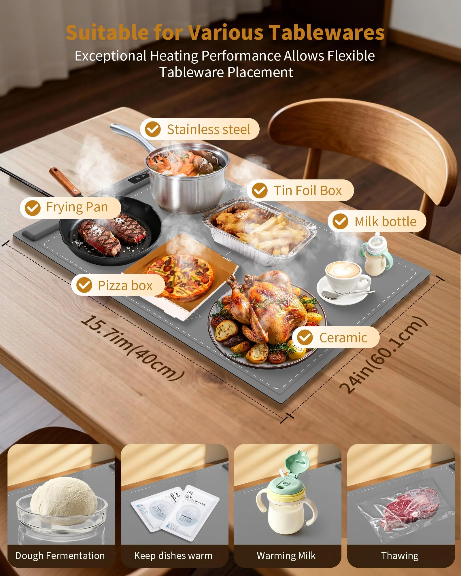 Food Warming Mat - Fast & Full Surface Heating, Silicone Heat Pad with 3 Adjustable Temperature for Buffets Parties, Rollable Electric Warming Tray,Kitchen Heated Plate,Countertop Food Warmer (Gray) - Image 5