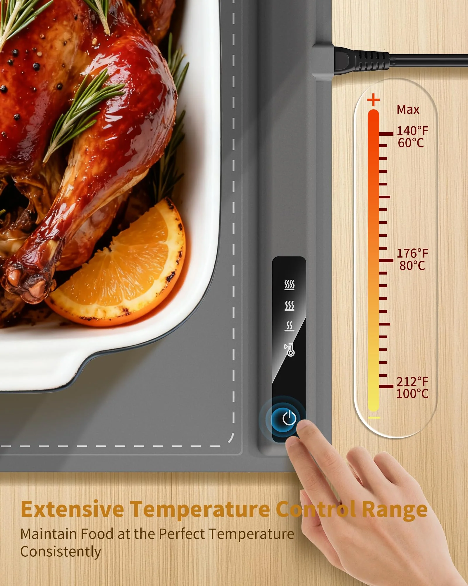 Food Warming Mat - Fast & Full Surface Heating, Silicone Heat Pad with 3 Adjustable Temperature for Buffets Parties, Rollable Electric Warming Tray,Kitchen Heated Plate,Countertop Food Warmer (Gray) - Image 7