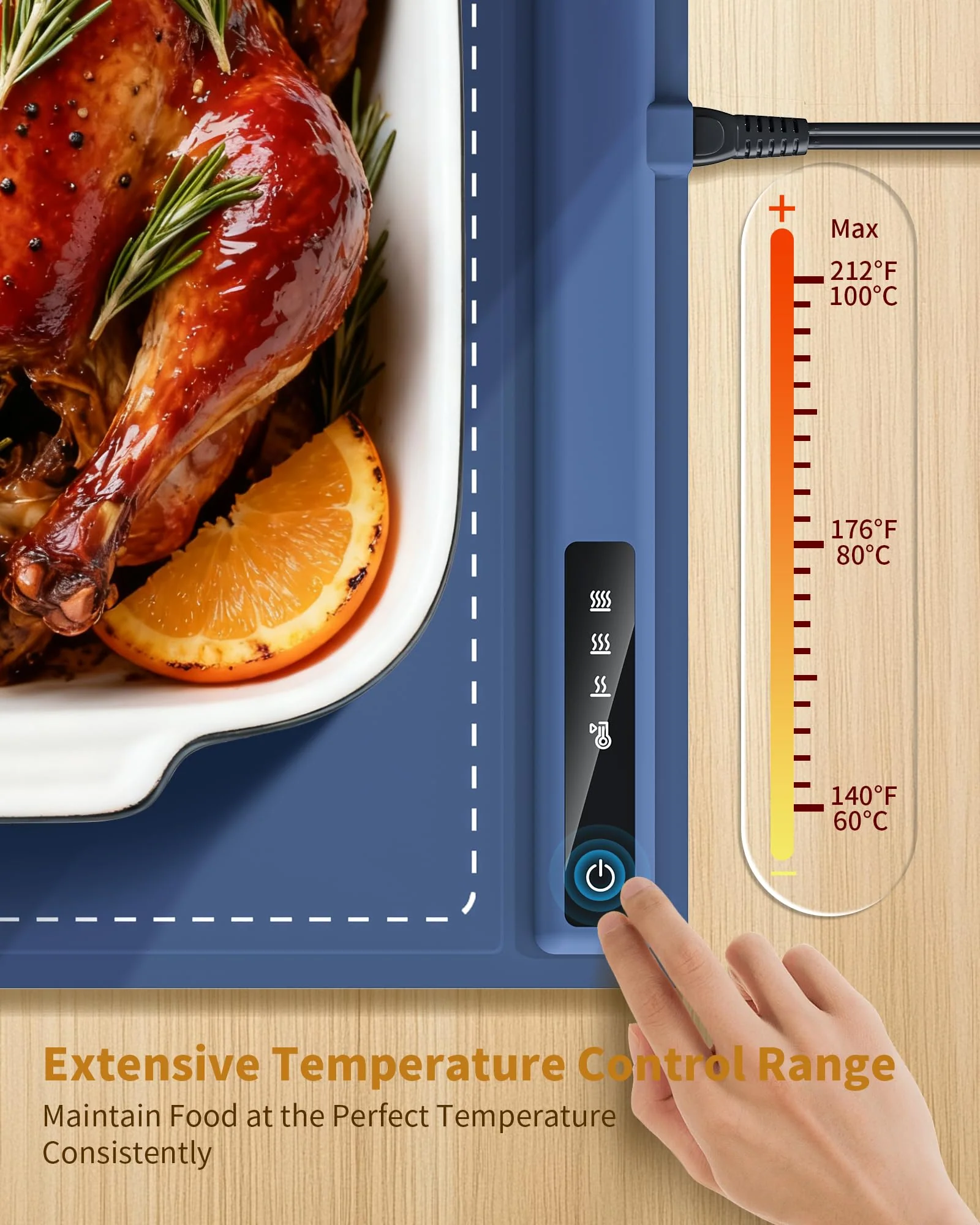 Food Warming Mat - Fast & Full Surface Heating, Silicone Heat Pad with 3 Adjustable Temperature for Buffets Parties, Rollable Electric Warming Tray,Kitchen Heated Plate,Countertop Food Warmer(Blue) - Image 7