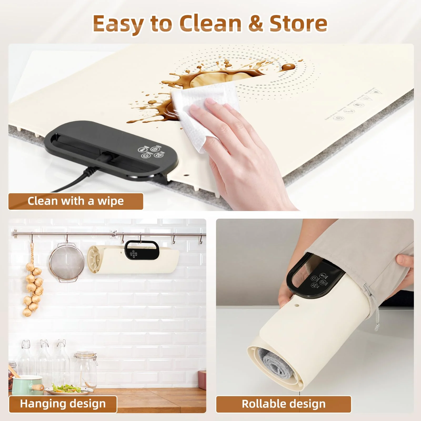 Food Warming Mat – Fast Heating Electric Warming Tray with 7 Temp Settings, 11-Hour Timer & Auto Shut-Off, Foldable Silicone Mat with Child Lock, Portable Warming Pad for Buffets, Holidays – Beige - Image 5