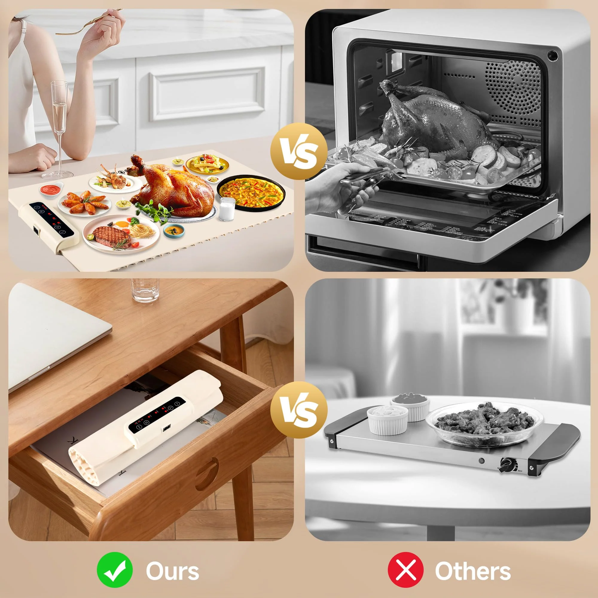 Food Warming Mat- Foldable Warming Mat for Food with Adjustable Temperature Control Time Moders Locking Function Electric Warming Tray for Parties,Home,Travel,Buffet Beige - Image 7