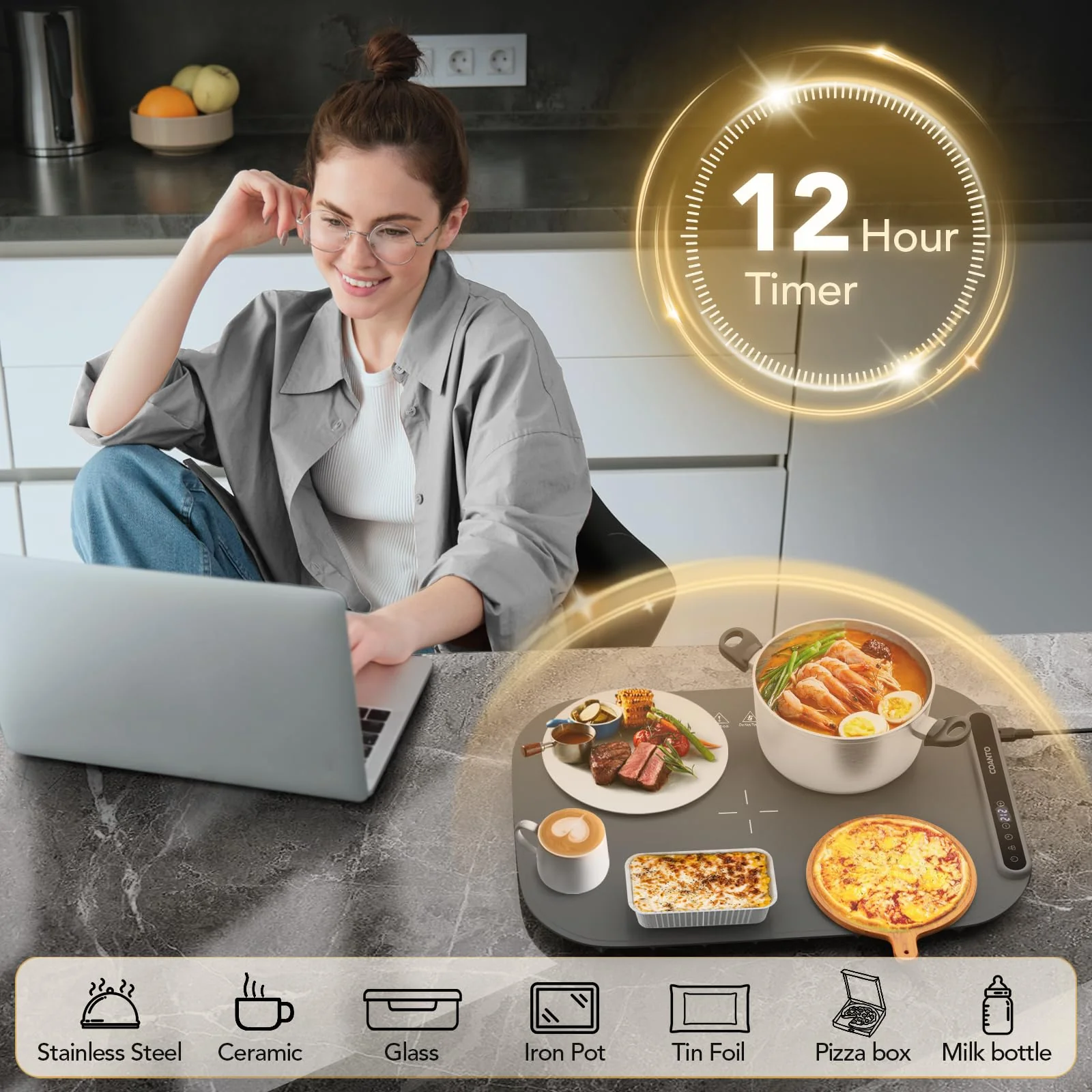 Food Warming Mat, Food Warmers for Parties Buffet, Silicone Heating Mat with 7 Temperature Settings, Roll-Up Storage, 17.91"x12.8", Grey - Image 3