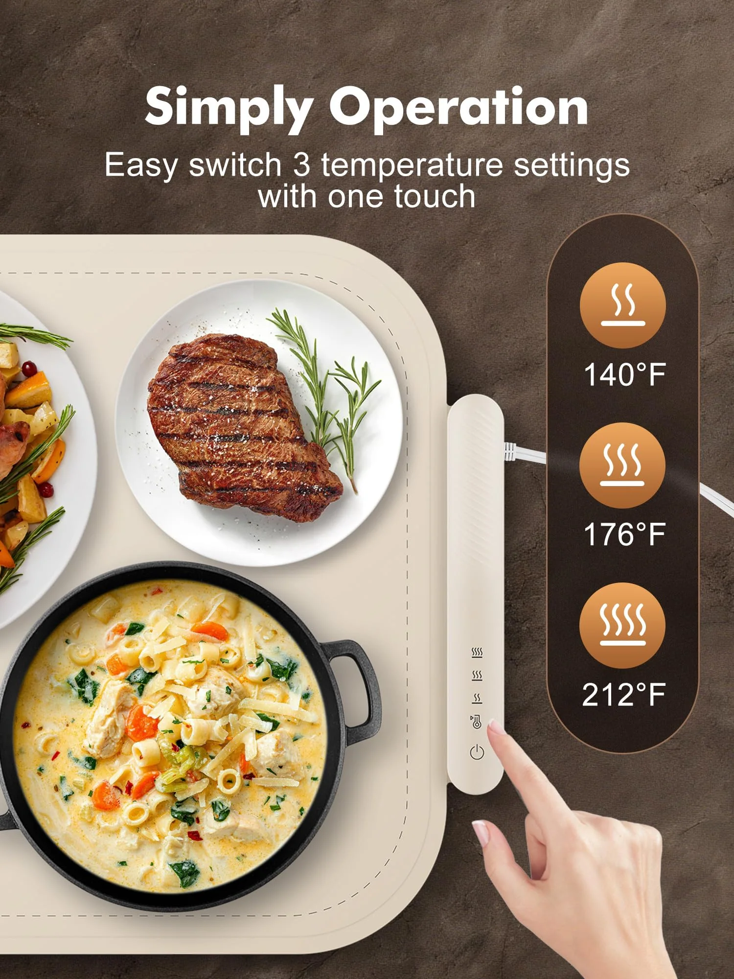 Food Warming Mat, Food Warming Tray with 3 Adjustable Temperature, Full Surface Heating Electric Warming Tray with Auto Shut-Off, Food Grade Silicone Food Warmers for Parties Buffet Countertop (Beige) - Image 7