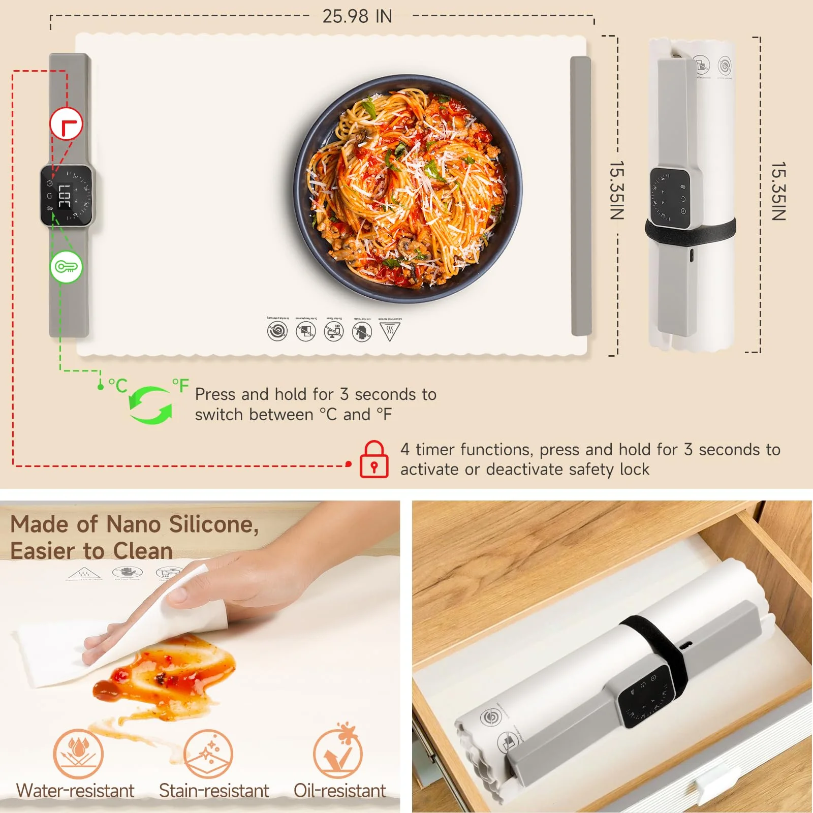 Food Warming Mat for Buffet, LNAKIO Electric Warming Tray,Silicone Heating Mat with 5 Temperature Levels& Auto Shut-Off Keep Food Warm at Party,Food Warmers for Parties, Gatherings,Everyday Use - Image 3