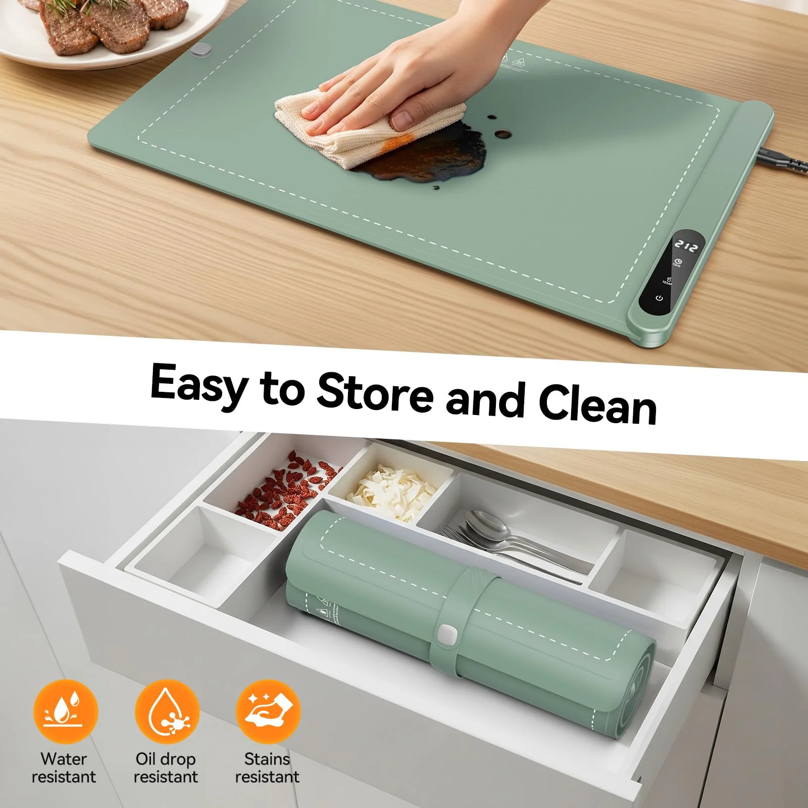 Food Warming Mat for Parties Buffet, Upgrade Graphene Heating Film, Electric Warming Tray with 6 Temp Settings | 6H Timer, Portable Roll Up Food Warming Mat with Heat Insulation, Green, 24x14 inch - Image 3