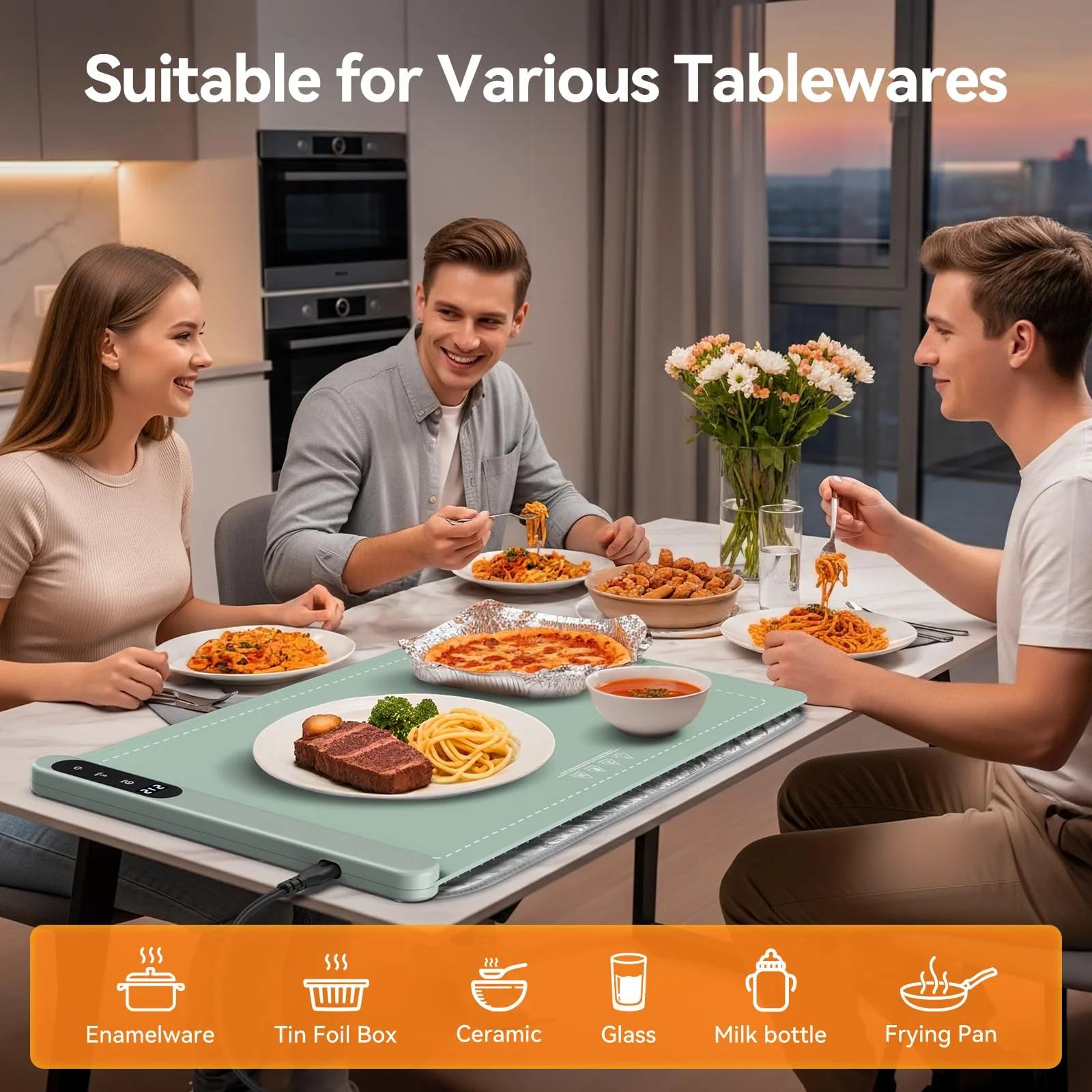 Food Warming Mat for Parties Buffet, Upgrade Graphene Heating Film, Electric Warming Tray with 6 Temp Settings | 6H Timer, Portable Roll Up Food Warming Mat with Heat Insulation, Green, 24x14 inch - Image 5