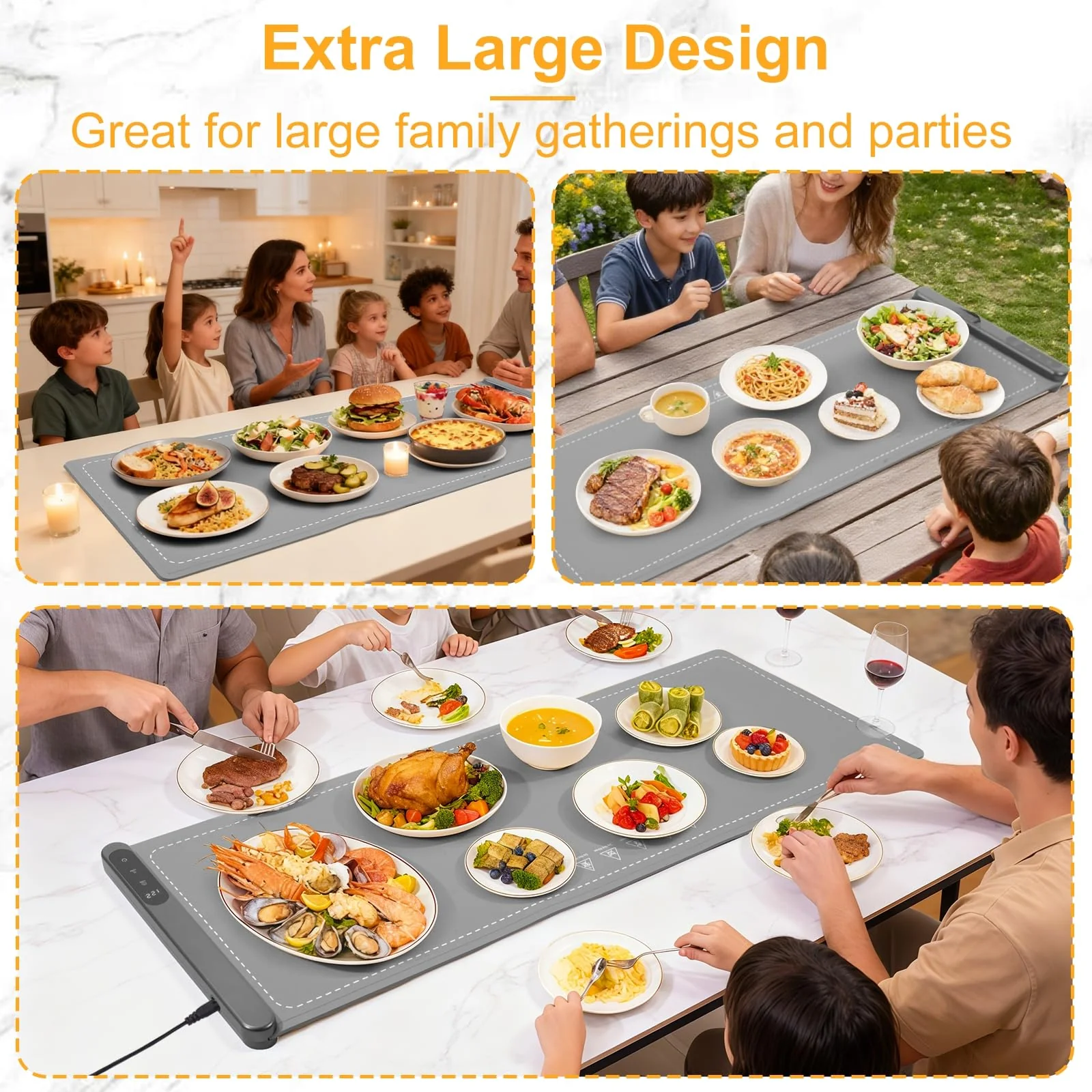 Food Warming Mat Large, XXL (42"x15") Electric Food Warmers Mat with Heat Resistant Pad for Countertop, Heat 6 Level Temperature & 6 Hours Timer, Foldable Heating Trays for Buffets Party, Gray - Image 2