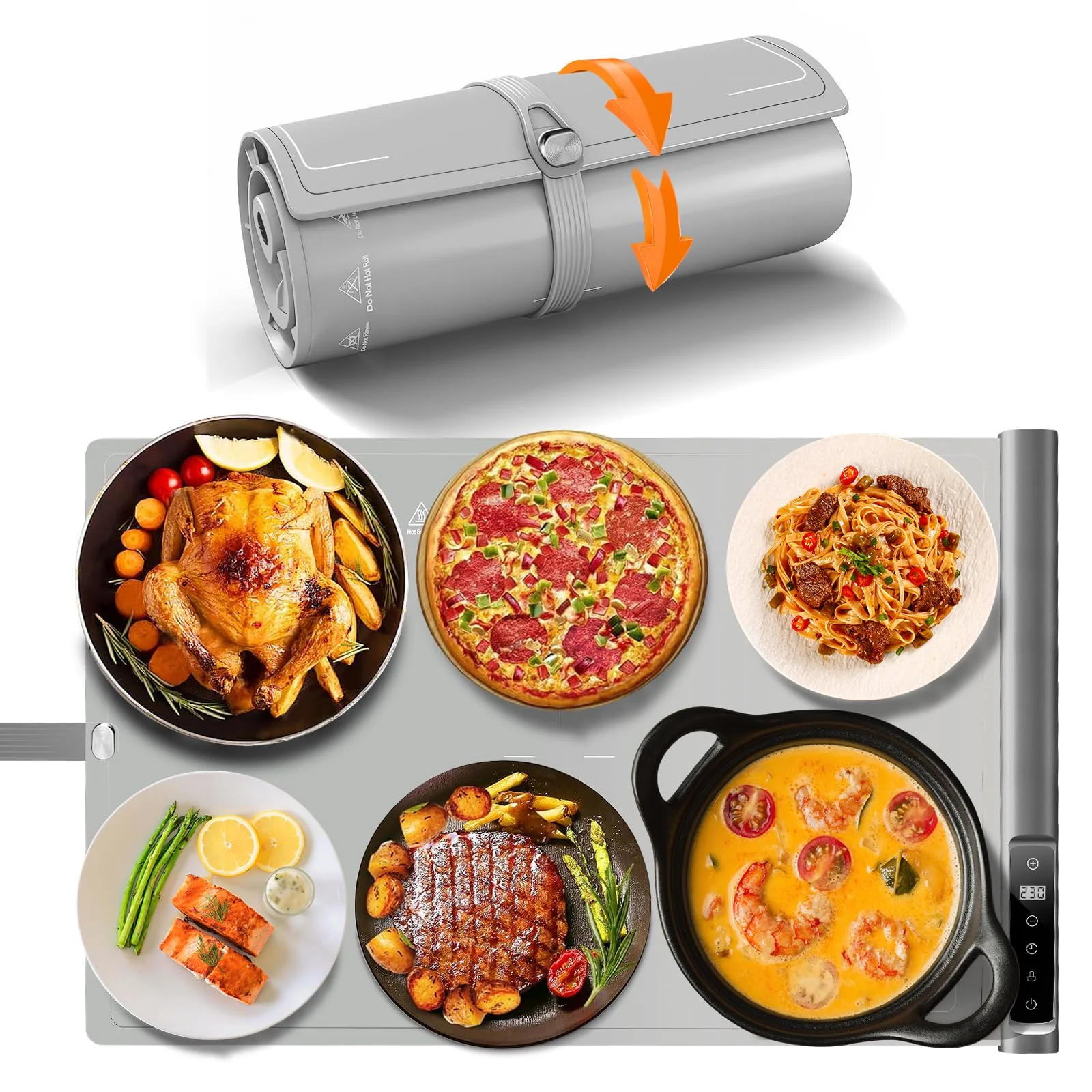 Food Warming Mat | Max Temp 248℉,Electric Warming Tray with Timer and 8-Level Adjustable,Fast Full-Surface Heating Mat for Food with Child Lock,Roll-Up & Portable Silicone Food Warmer for Buffet Party - Image 2