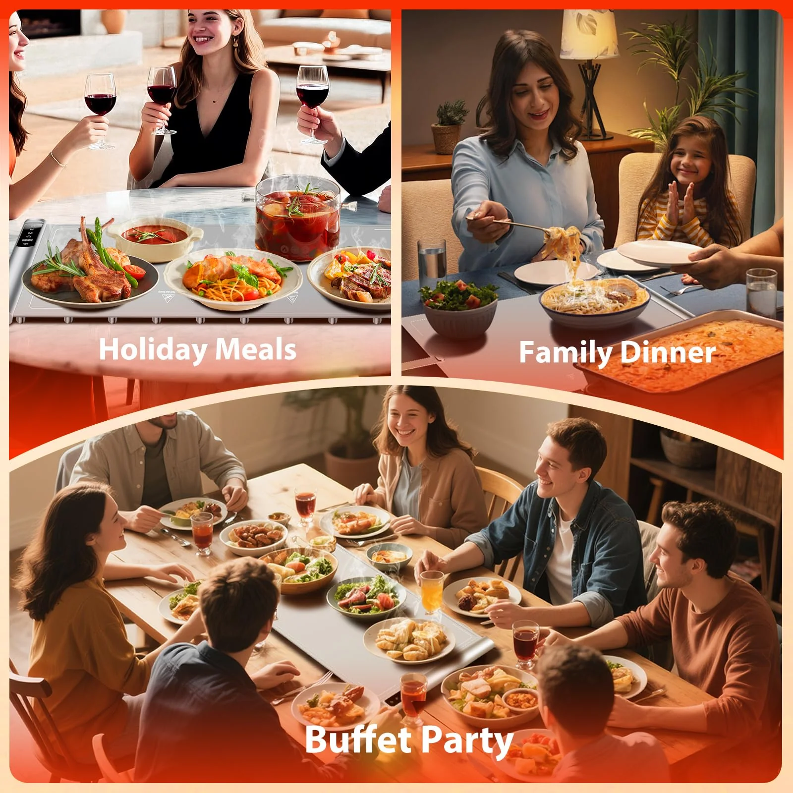 Food Warming Mat | Max Temp 248℉,Electric Warming Tray with Timer and 8-Level Adjustable,Fast Full-Surface Heating Mat for Food with Child Lock,Roll-Up & Portable Silicone Food Warmer for Buffet Party - Image 4