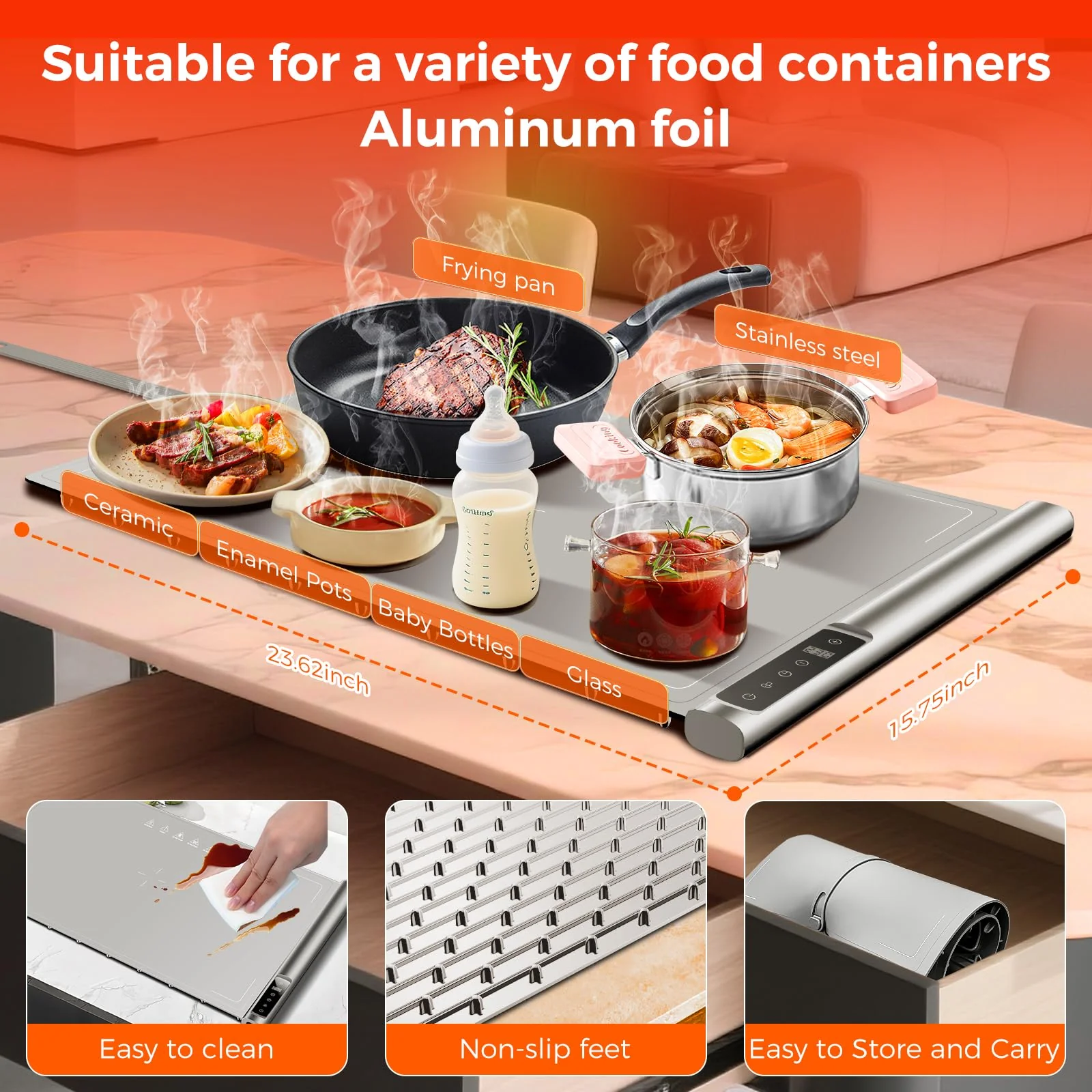 Food Warming Mat | Max Temp 248℉,Electric Warming Tray with Timer and 8-Level Adjustable,Fast Full-Surface Heating Mat for Food with Child Lock,Roll-Up & Portable Silicone Food Warmer for Buffet Party - Image 5
