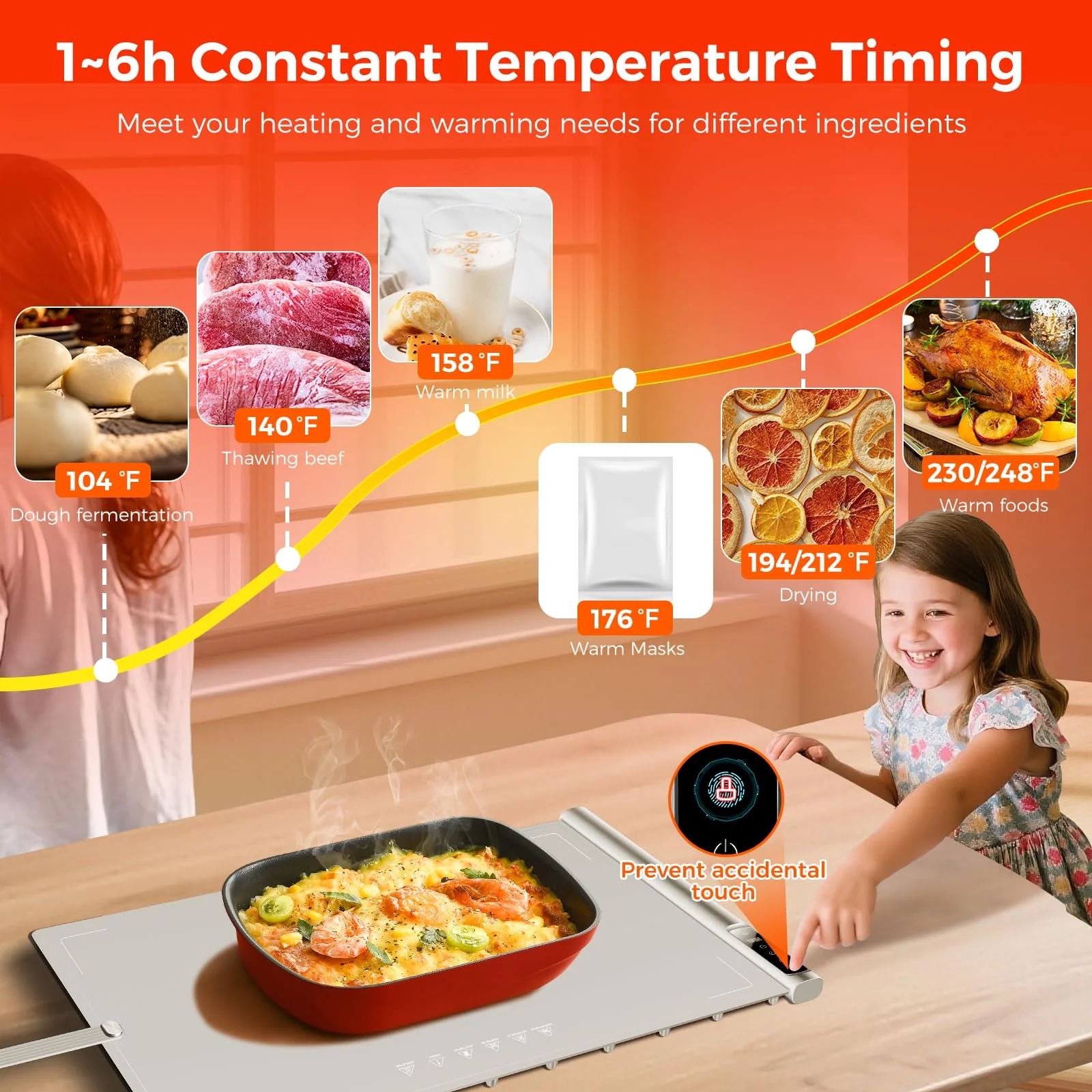 Food Warming Mat | Max Temp 248℉,Electric Warming Tray with Timer and 8-Level Adjustable,Fast Full-Surface Heating Mat for Food with Child Lock,Roll-Up & Portable Silicone Food Warmer for Buffet Party - Image 8