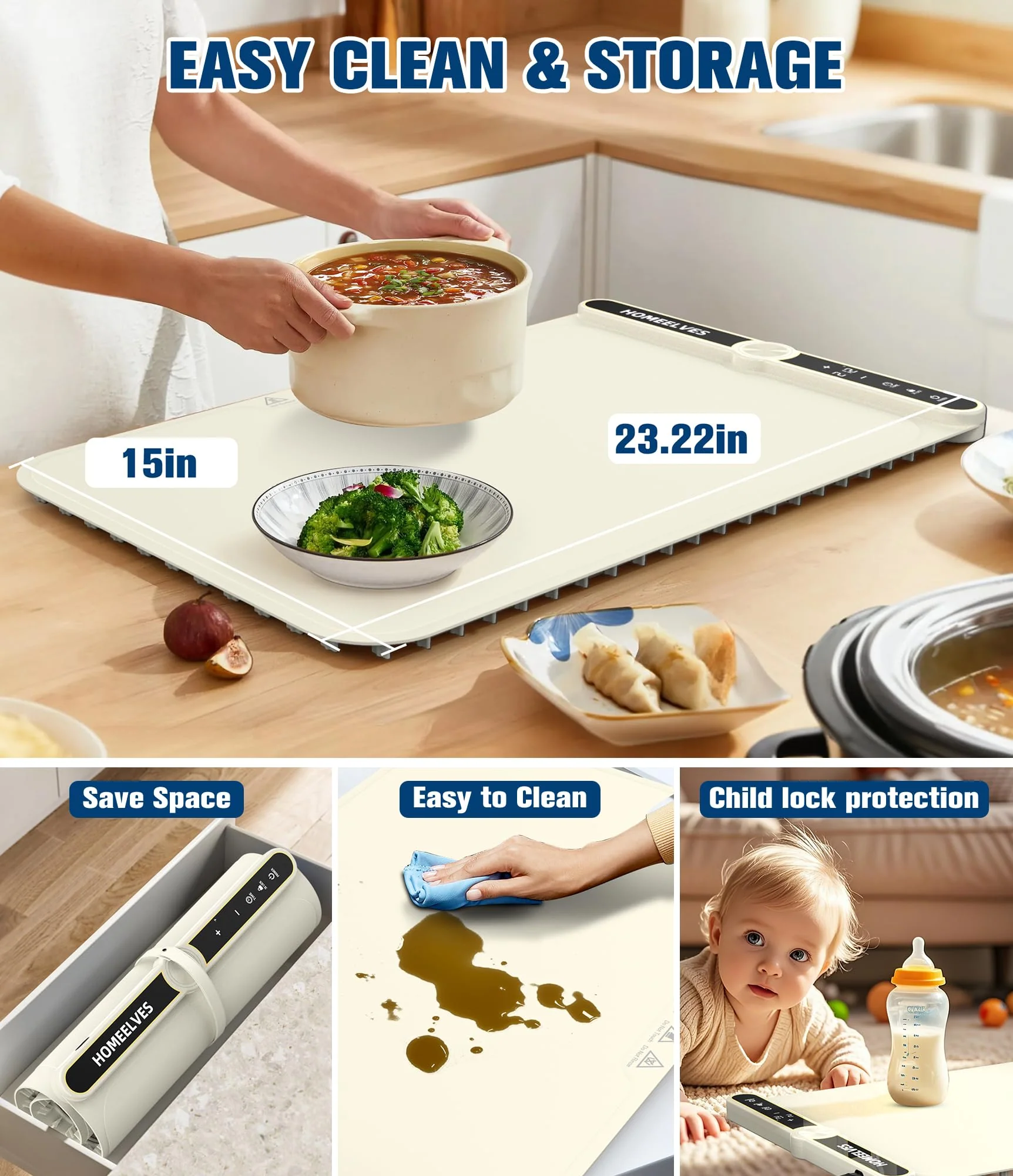 Food Warming Mat, Rapid Heating Electric Warming Tray with 9 Temp Setting and 6 Hours Timer,Foldable Warming Trays for Food, Portable Food Warmers for Parties Buffet, Beige - Image 3
