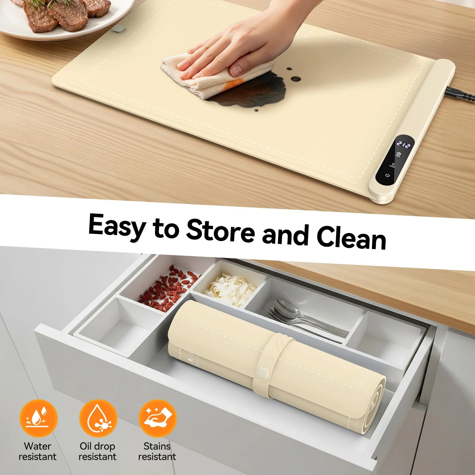 Food Warming Mat, Silicone Electric Warming Tray with 6 Adjustable Temperature, Full Surface Heating, Portable Roll Up Heating Mat with Heat-resistant Pad, Kitchen Food Warmer Pad for Buffets Party - Image 3