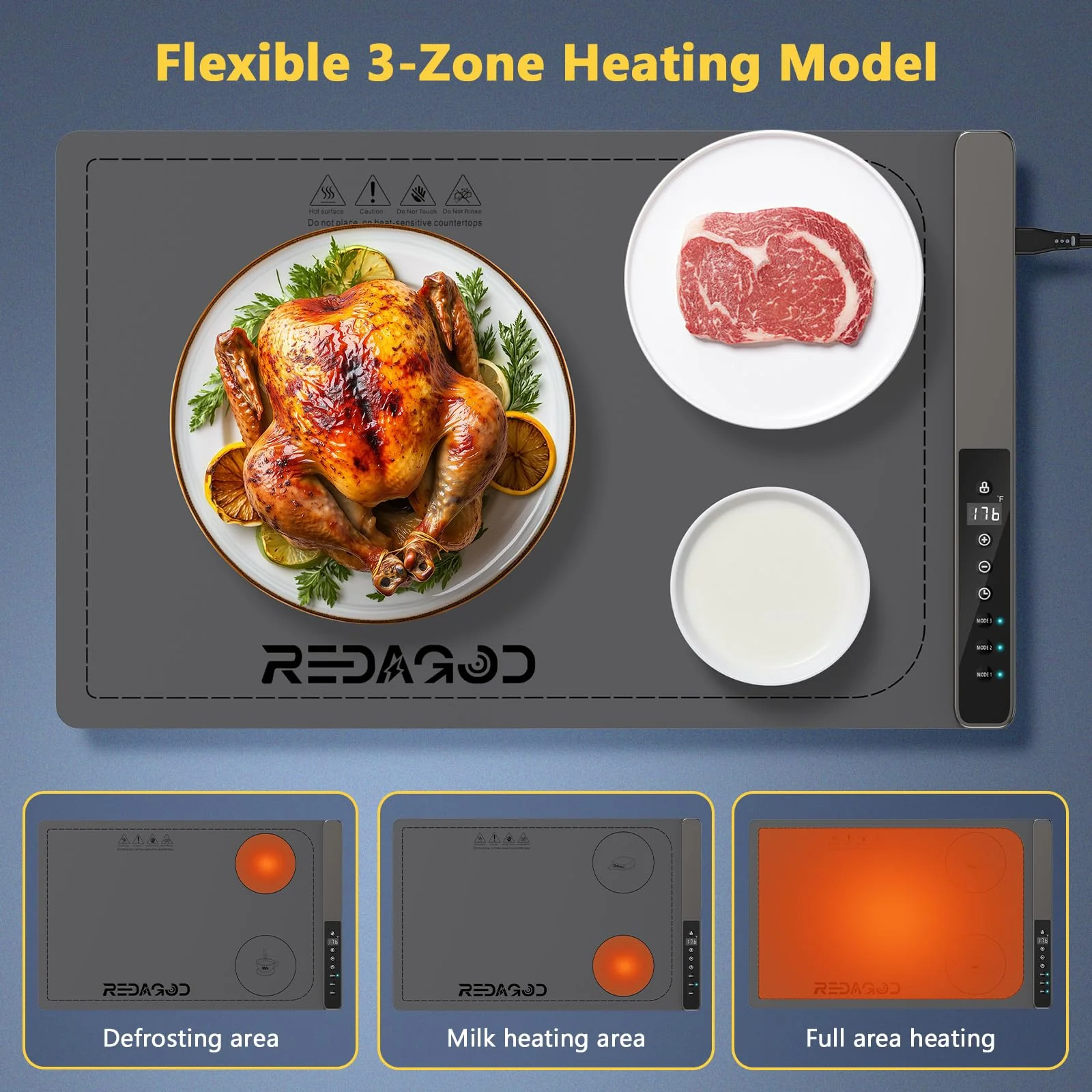 Food Warming Mat with 3-Zone Heating Mode, Redagod Electric Warming Tray with 9 Temperature & 8 Timer Settings, Hook and Roll Up Storage, Portable Countertop Food Heating Mat for Home Daily Use, Gray - Image 7