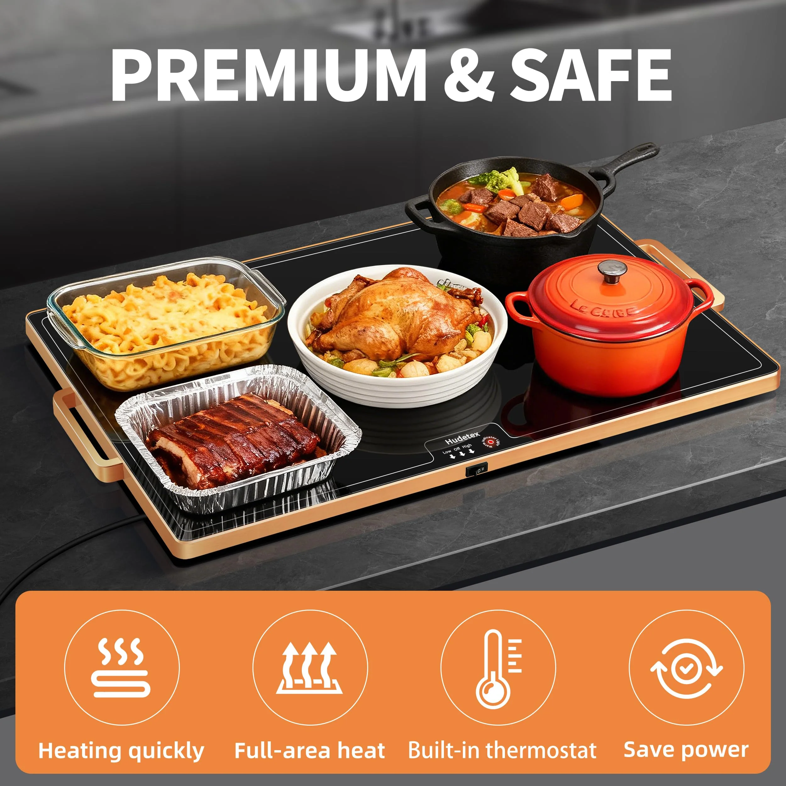 Food Warming Mat (XL 24"x16"), Food Warmers for Parties Buffet and Daily Use, Full Surface Warm Evenly Electric Warming Tray with Button Temperature Control, Gold Handles Warming Mat for Food, Black - Image 5