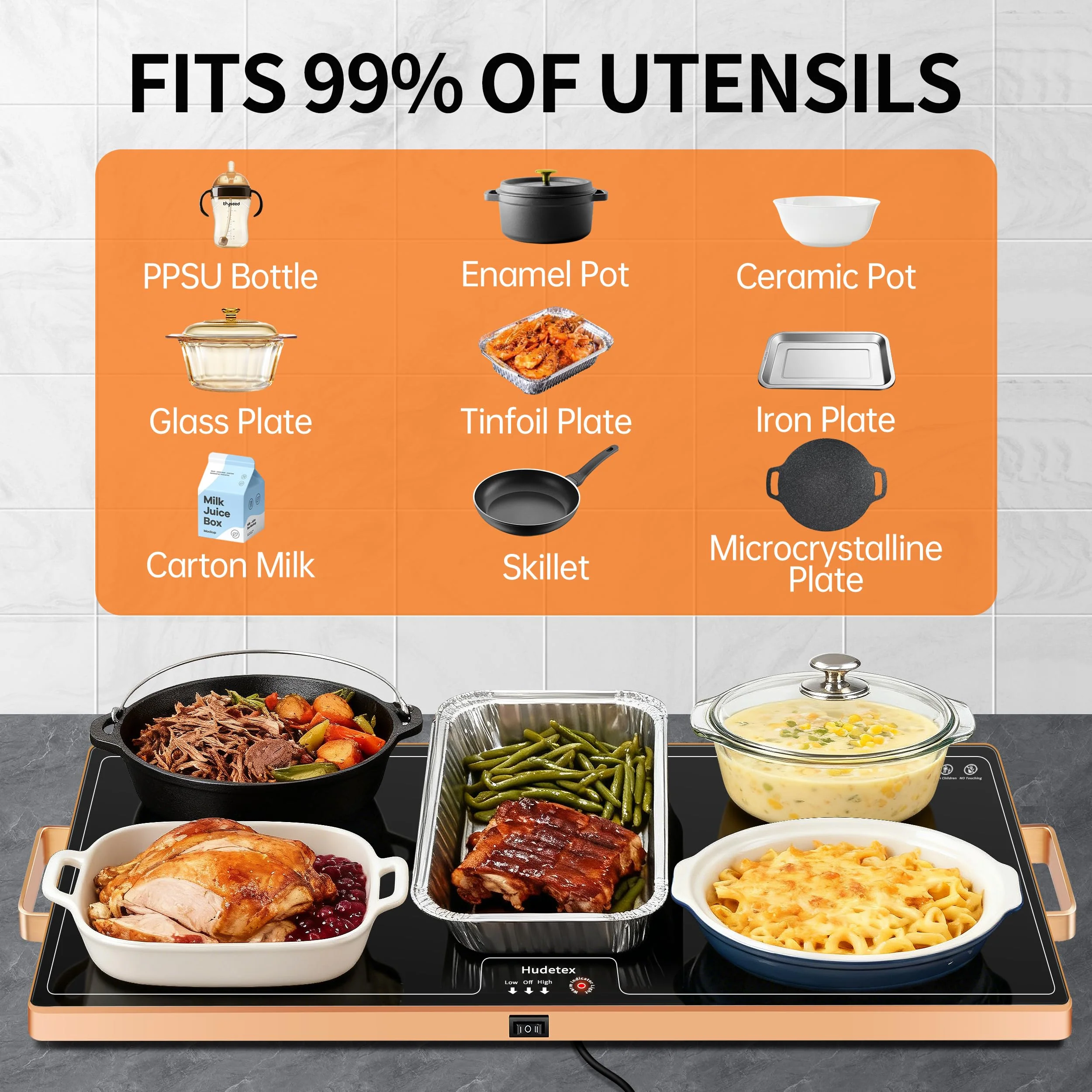 Food Warming Mat (XL 24"x16"), Food Warmers for Parties Buffet and Daily Use, Full Surface Warm Evenly Electric Warming Tray with Button Temperature Control, Gold Handles Warming Mat for Food, Black - Image 6