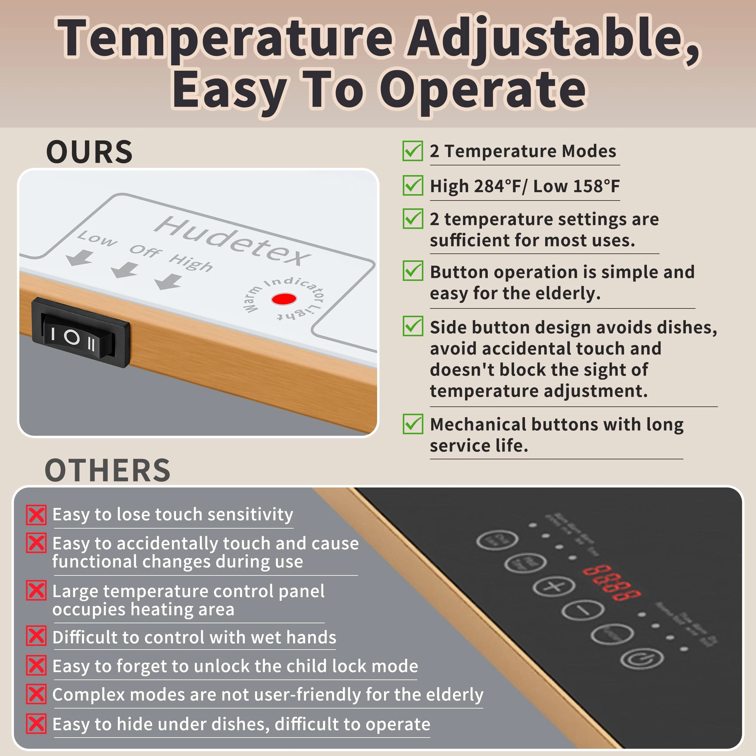 Food Warming Mat (XL 24"x16"), Food Warmers for Parties Buffet and Daily Use, Full Surface Warm Evenly Electric Warming Tray with Button Temperature Control, Gold Handles Warming Mat for Food, White - Image 2