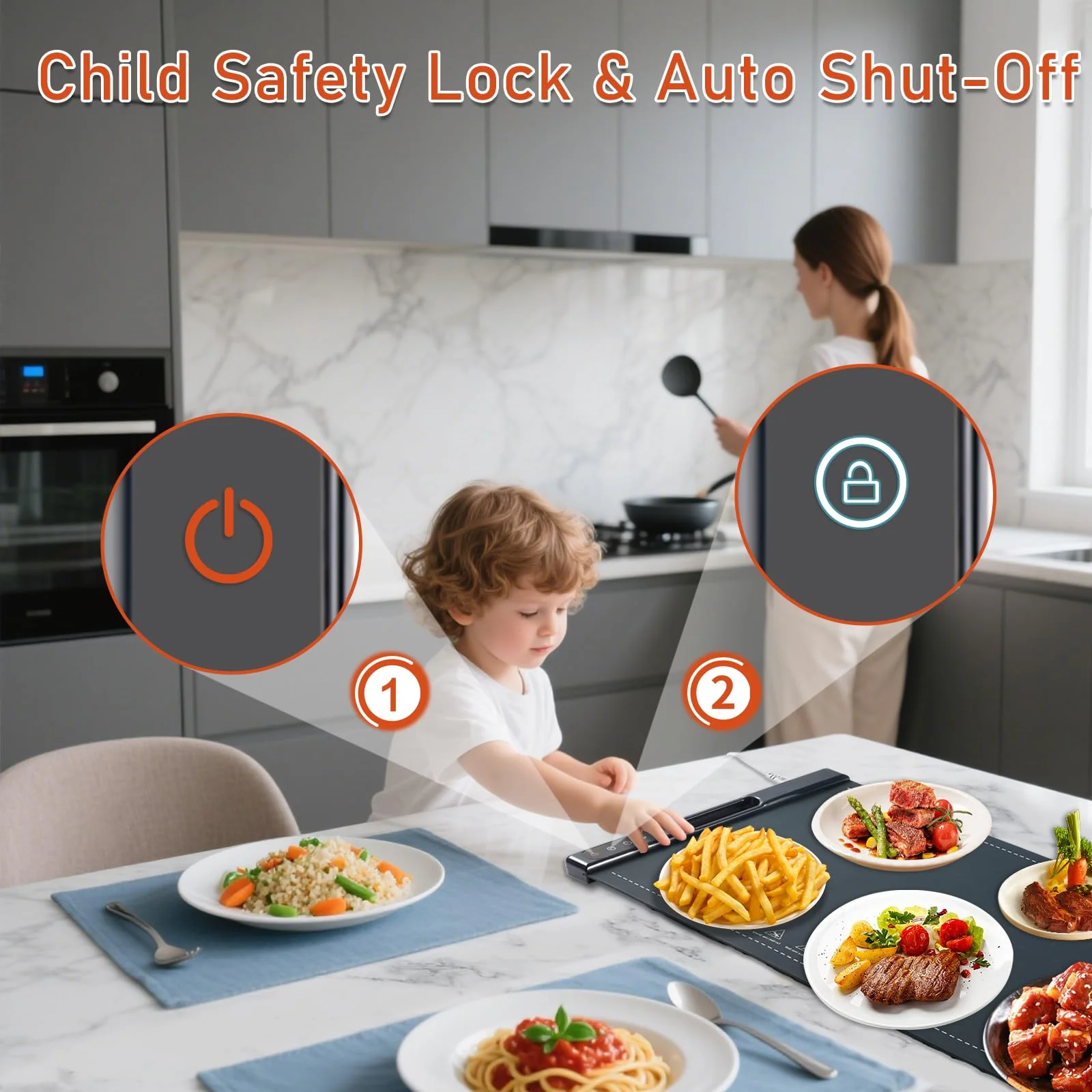 Food Warming Mats for Countertop, 23.62"*14.96" Warming Mat for Food, Silicone Heating Mat for Food, 7 Temperature & 4 Timers, Child Lock, Easy to Clean & Store, Food Warmer for Gatherings, Home, Blue - Image 6