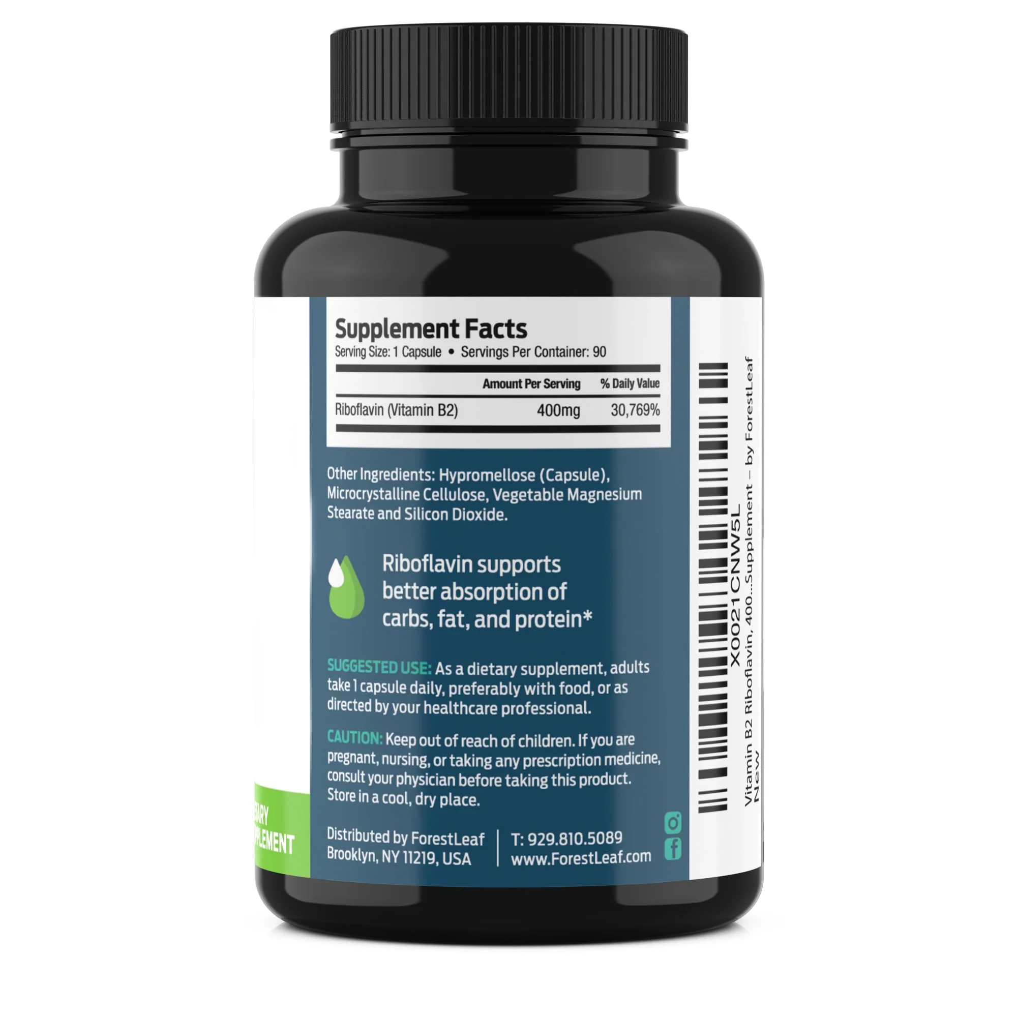 ForestLeaf Vitamin B2 Riboflavin 400mg - Energy, Skin & Cellular Health Supplement - Nervous System Support - Vitamin B 2 VIT B - Non-GMO & Gluten Free - B2 Vitamin 400mg Vegetable Capsules, 90 Count - Image 2