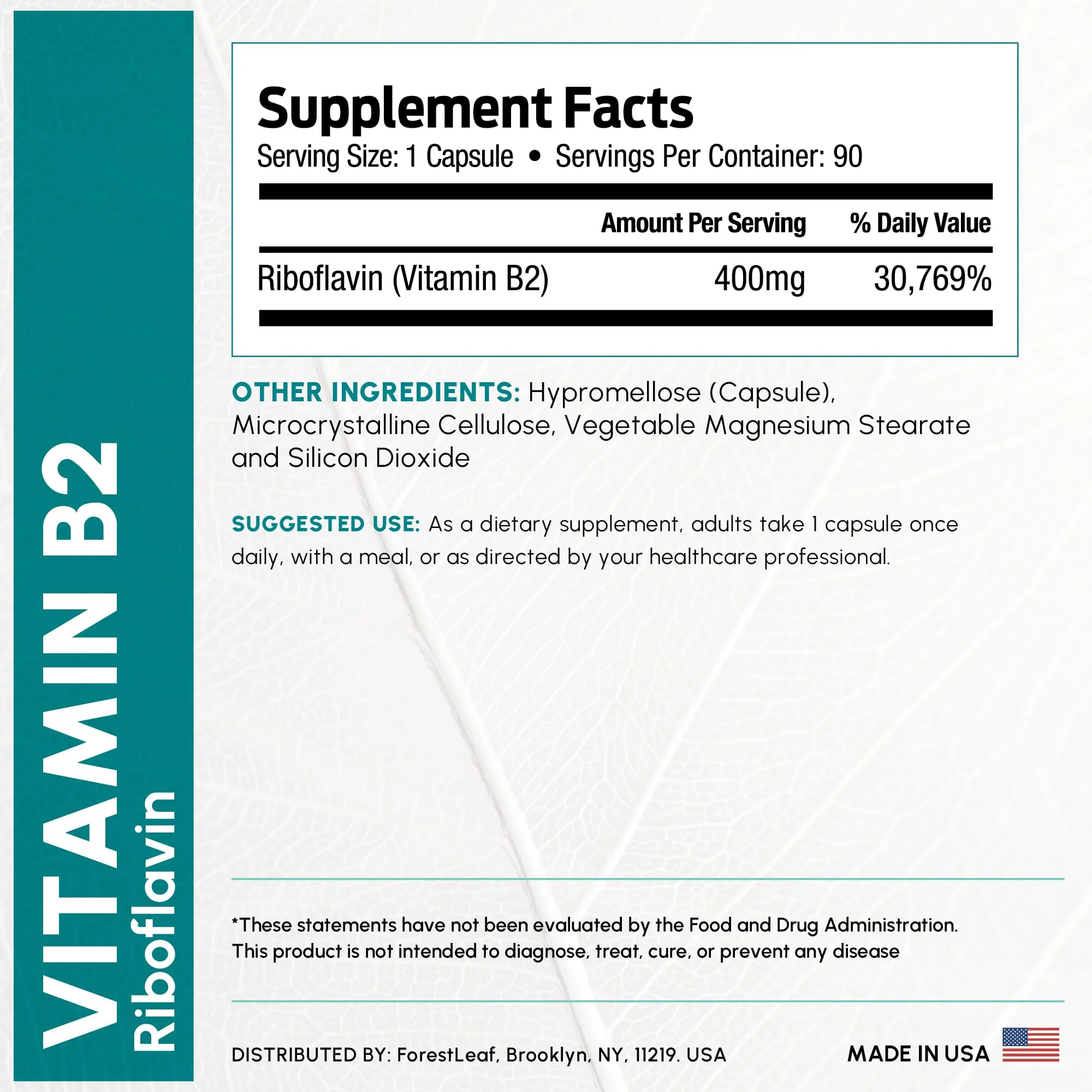 ForestLeaf Vitamin B2 Riboflavin 400mg - Energy, Skin & Cellular Health Supplement - Nervous System Support - Vitamin B 2 VIT B - Non-GMO & Gluten Free - B2 Vitamin 400mg Vegetable Capsules, 90 Count - Image 8