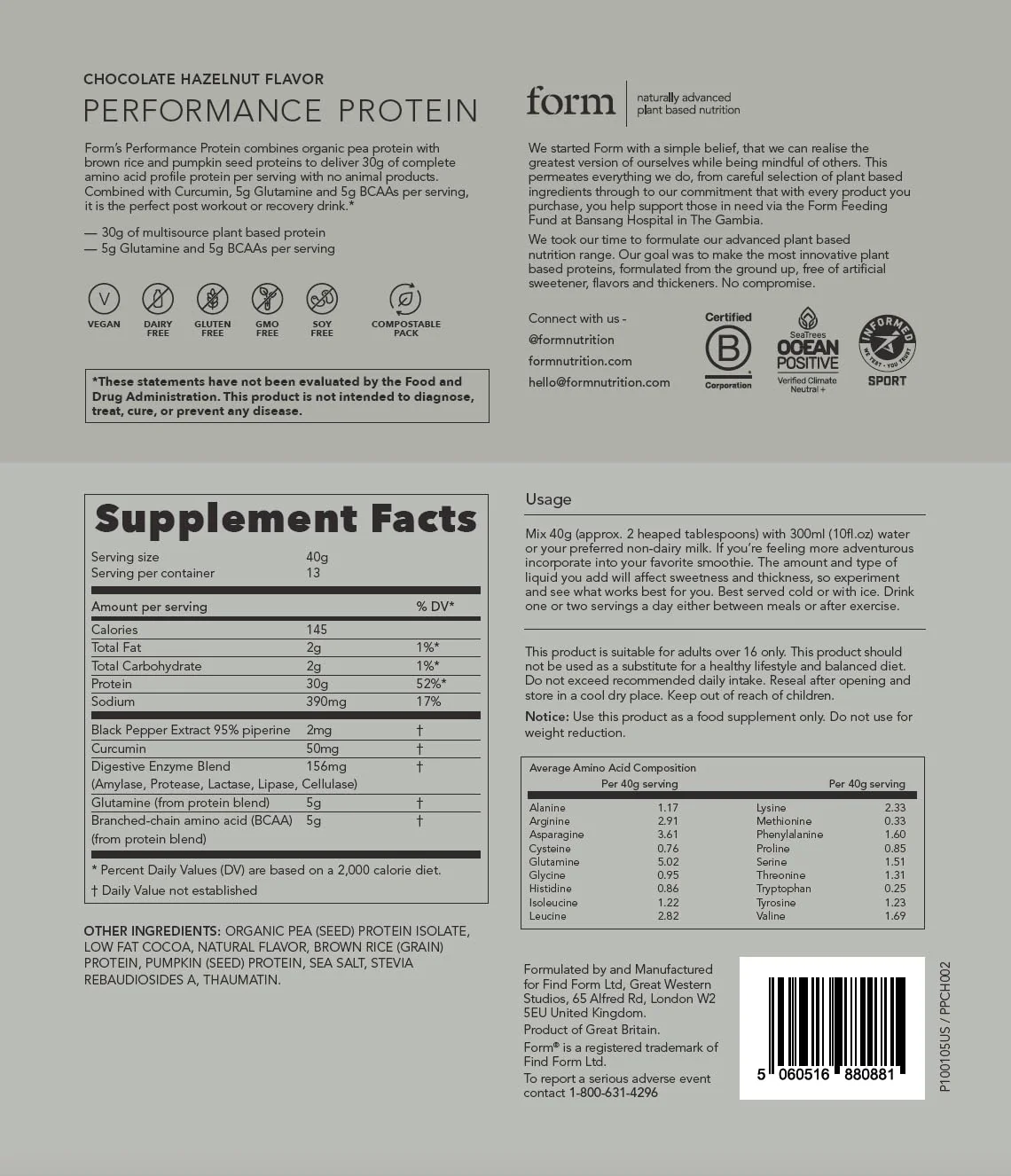Form Performance Protein - Vegan Protein Powder - 30g of Plant Based Protein per Serving, with BCAAs and Digestive Enzymes. Perfect Post Workout. Tastes Great with Just Water! (Chocolate Hazelnut) - Image 2