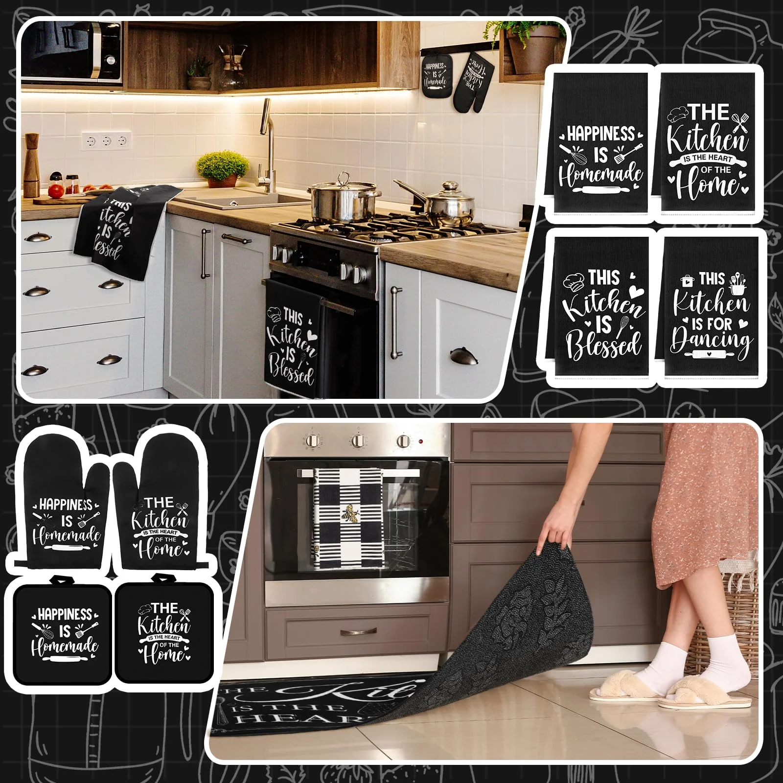 Fourluoo 10 Pcs Farmhouse Kitchen Decor and Accessories Set 4 Kitchen Towels 2 Pot Holders 2 Oven Mitts 2 Rugs for Christmas Thanksgiving Cooking Baking Daughter Mom Gifts(Black,Classic Style) - Image 2